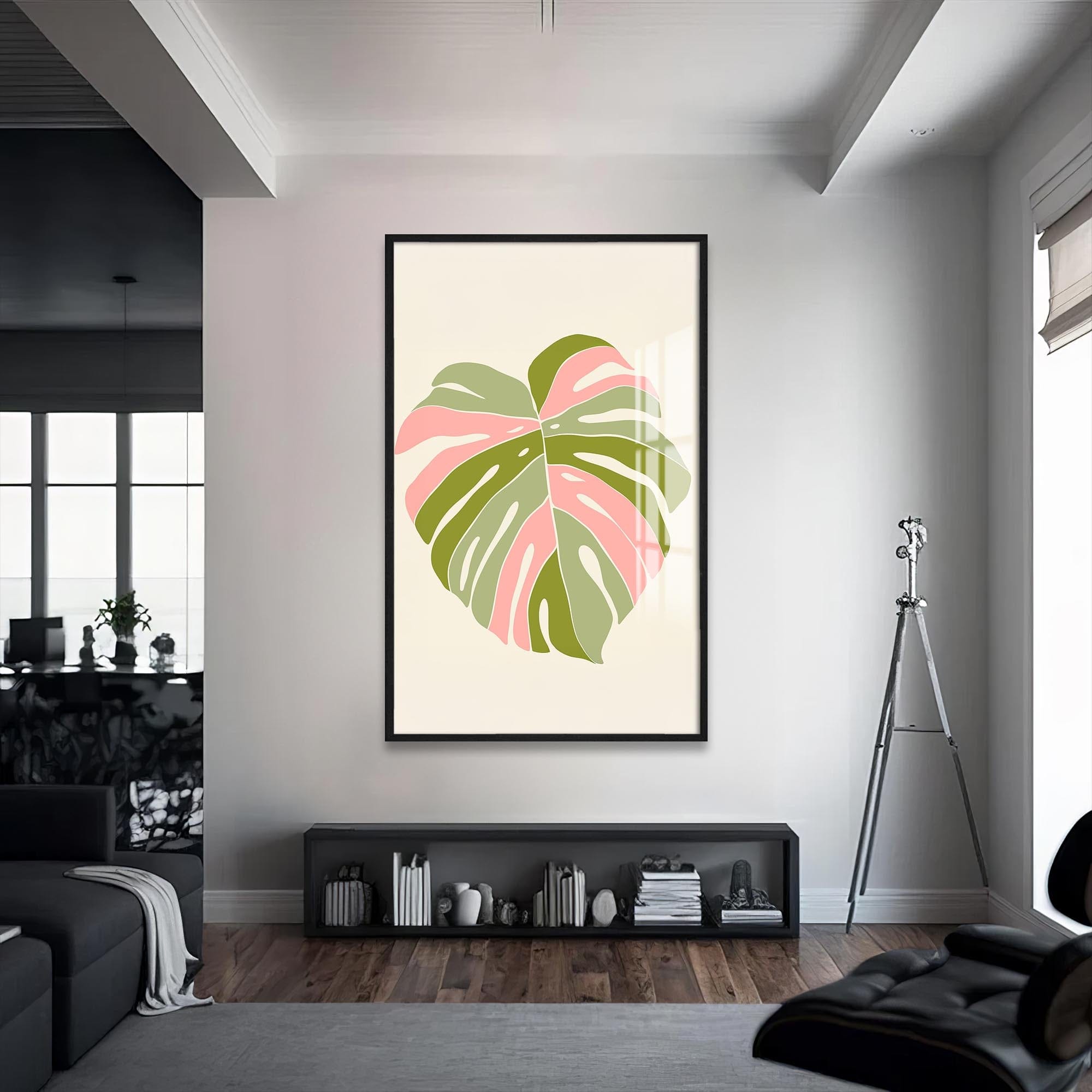 Artronauts Glass Print S | 72x46 cm | 28.3"x18.1" / Black Blush Monstera Heart– Bohemian Tempered Glass Wall Art