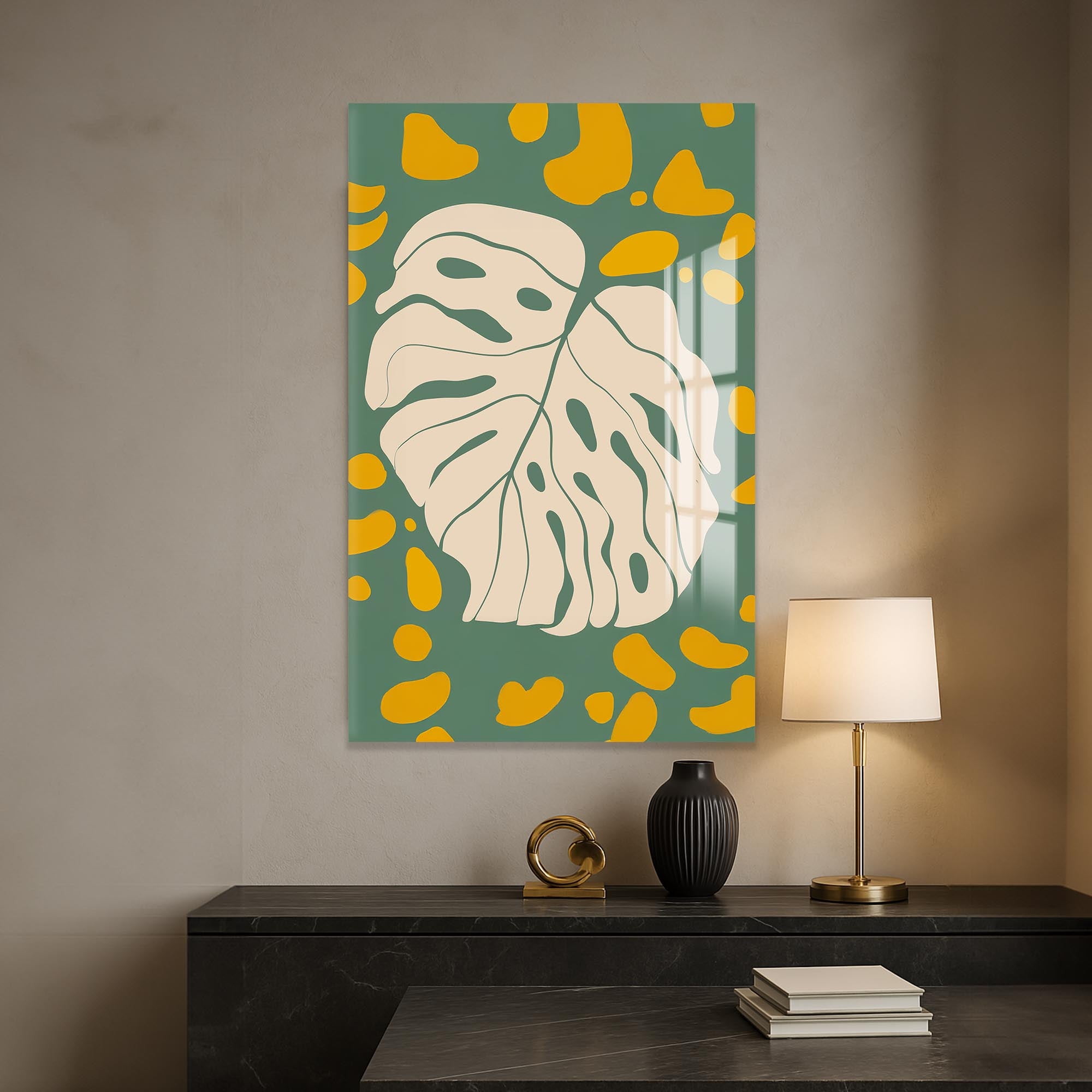 Artronauts Glass Print Olive Monstera Play– Bohemian Tempered Glass Wall Art