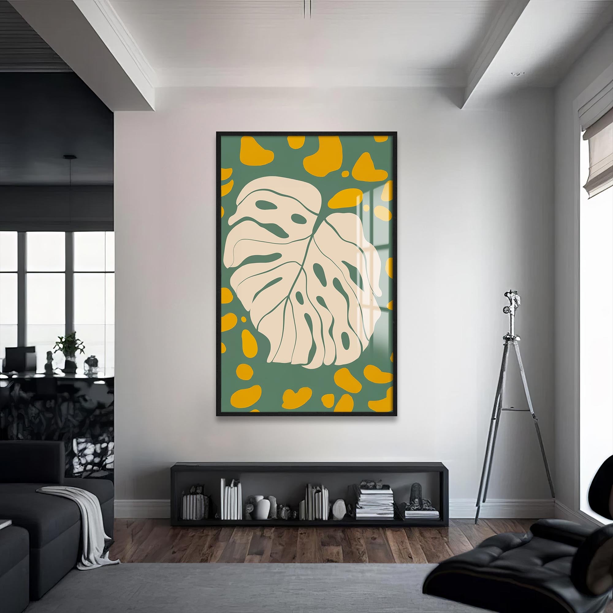 Artronauts Glass Print S | 72x46 cm | 28.3"x18.1" / Black Olive Monstera Play– Bohemian Tempered Glass Wall Art