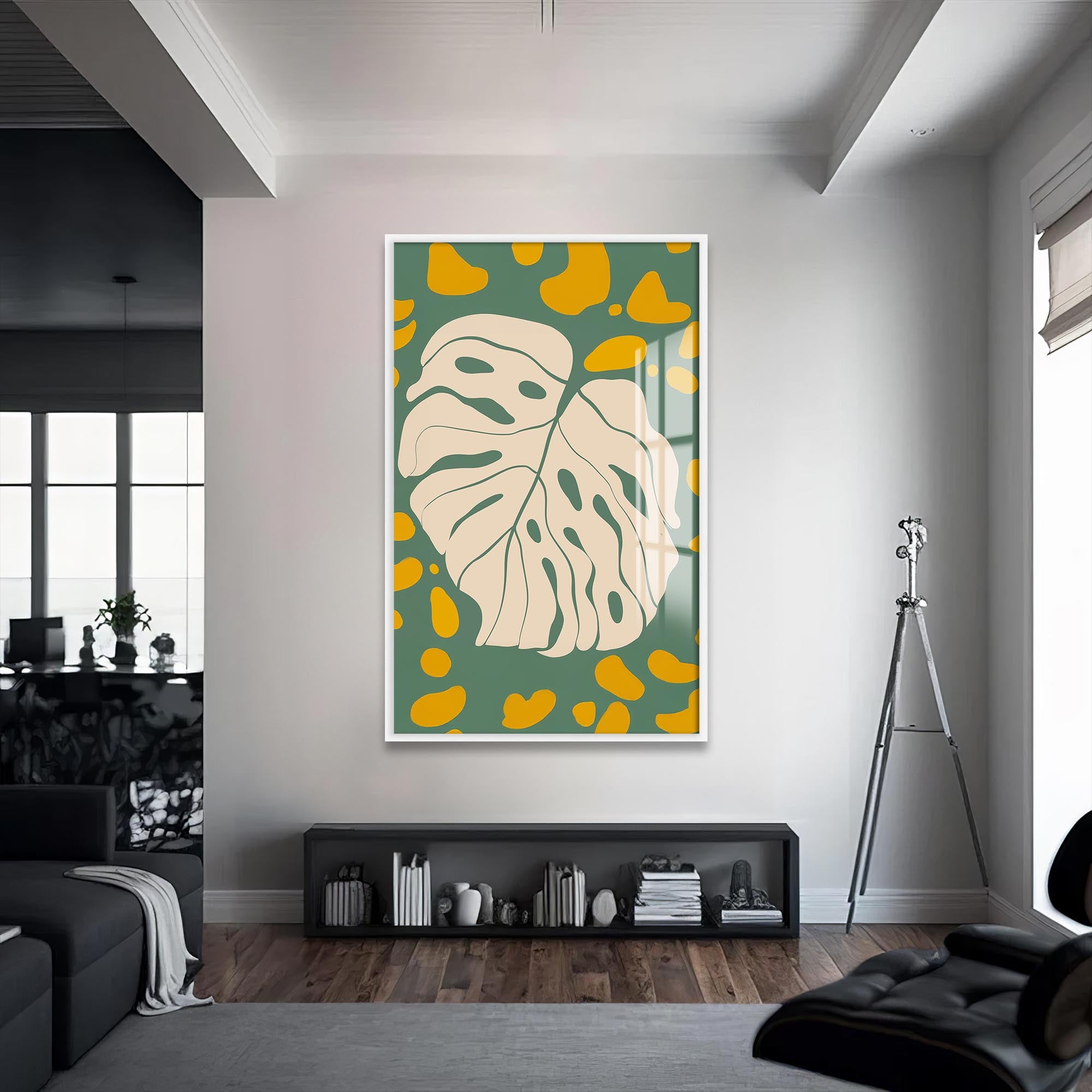 Artronauts Glass Print S | 72x46 cm | 28.3"x18.1" / White Olive Monstera Play– Bohemian Tempered Glass Wall Art