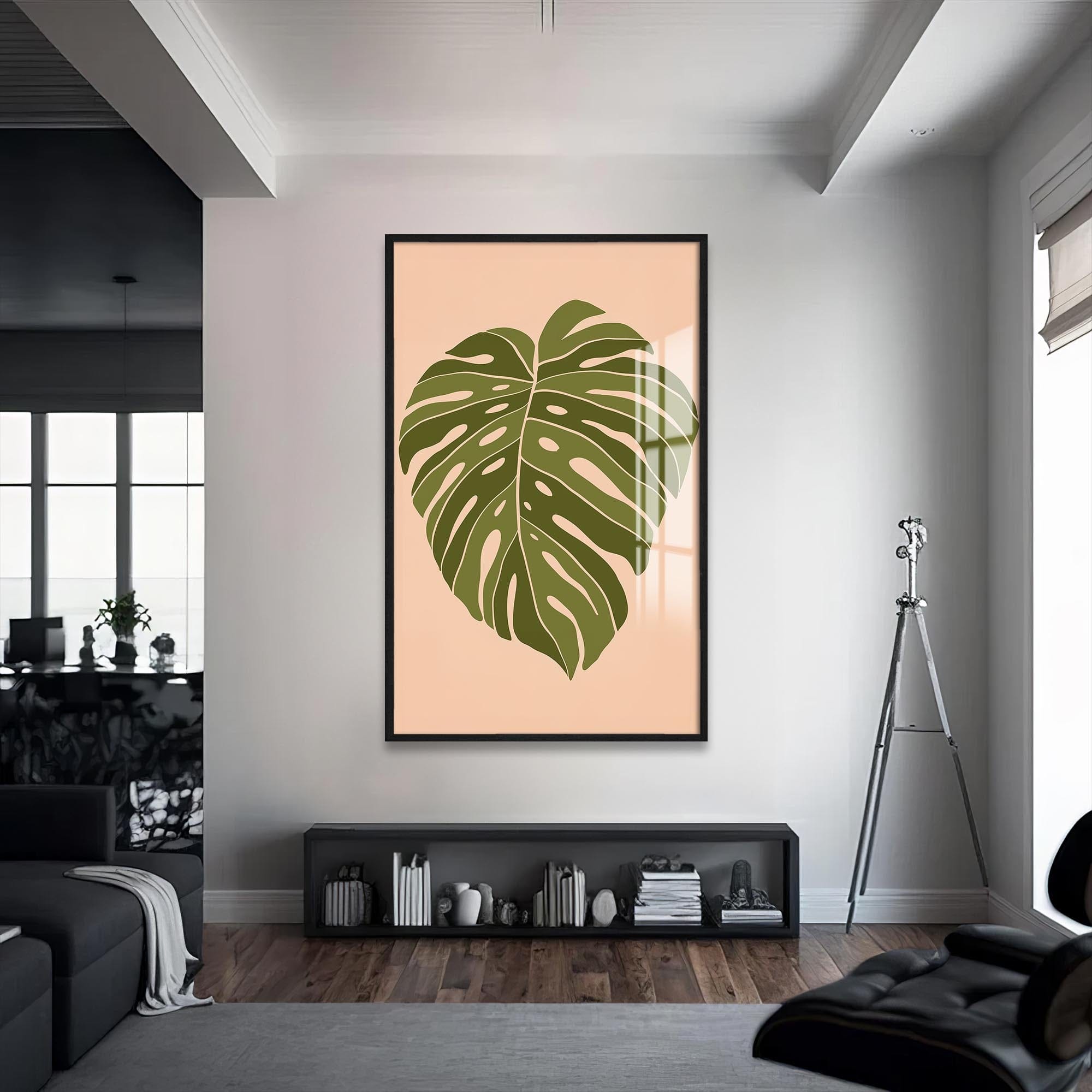 Artronauts Glass Print S | 72x46 cm | 28.3"x18.1" / Black Soft Olive Heartleaf– Bohemian Tempered Glass Wall Art