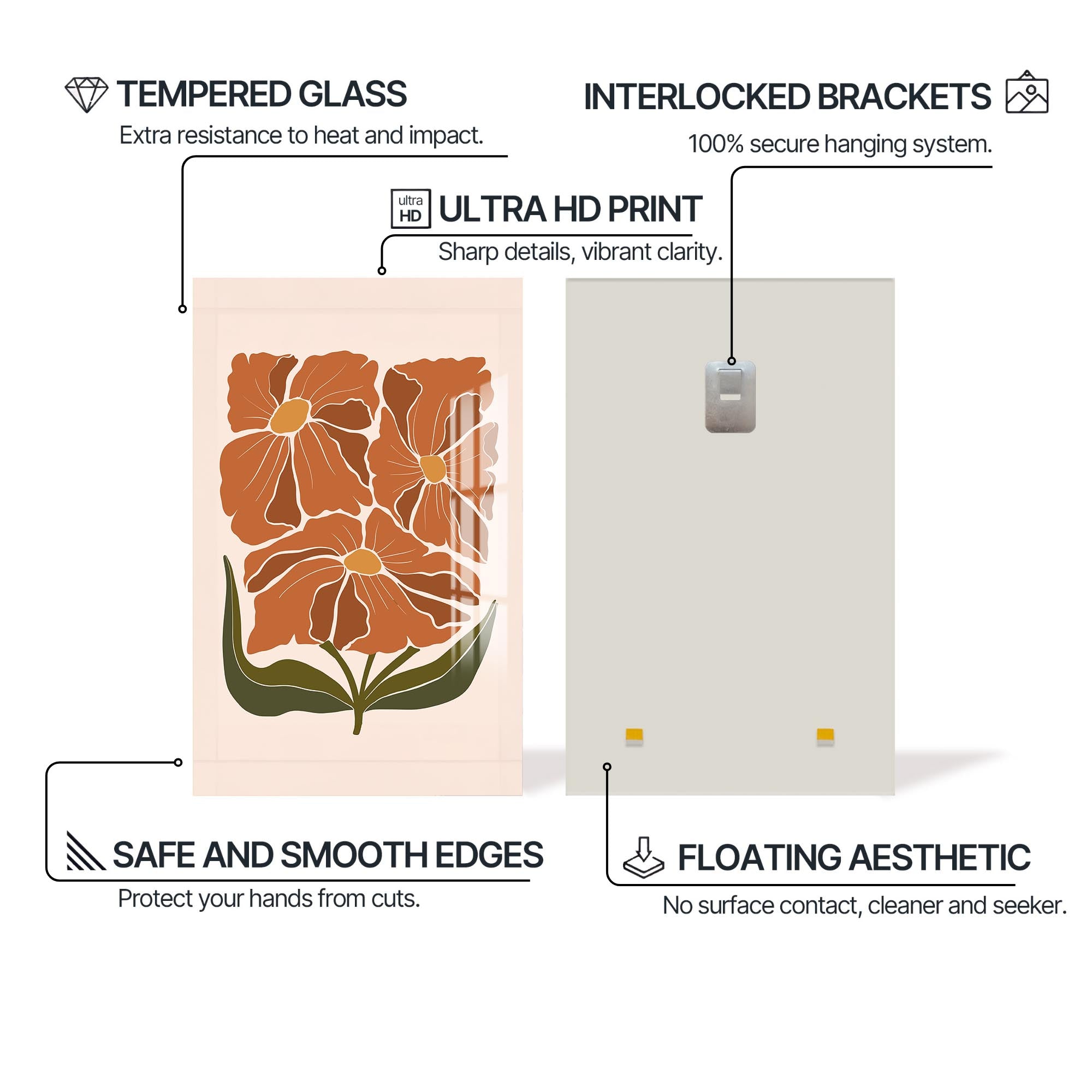 Terracotta Floral Trio– Bohemian Tempered Glass Wall Art