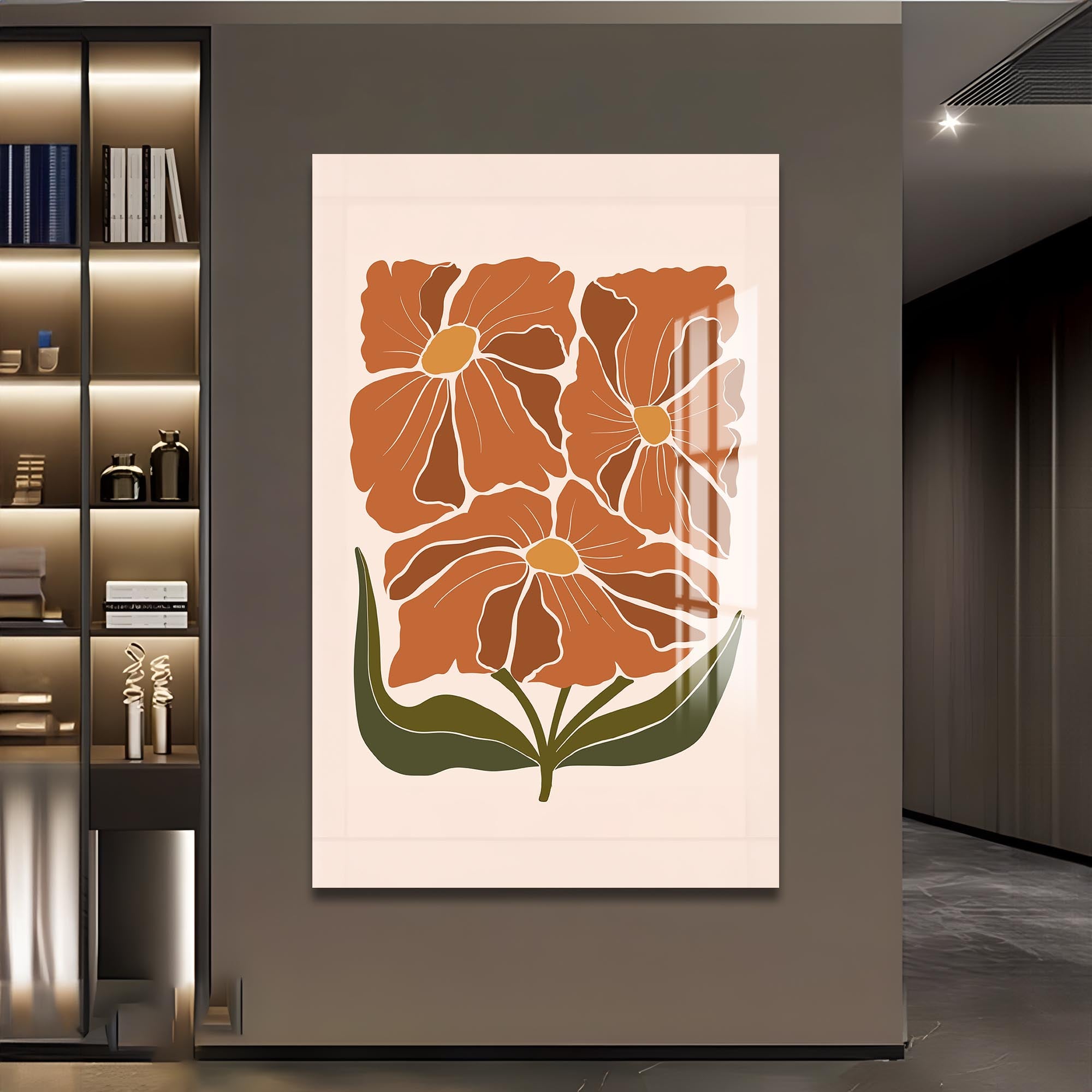 Terracotta Floral Trio– Bohemian Tempered Glass Wall Art
