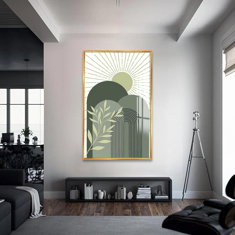 Artronauts Glass Print S | 72x46 cm | 28.3"x18.1" / Gold Sage Sunrise Peaks– Bohemian Tempered Glass Wall Art