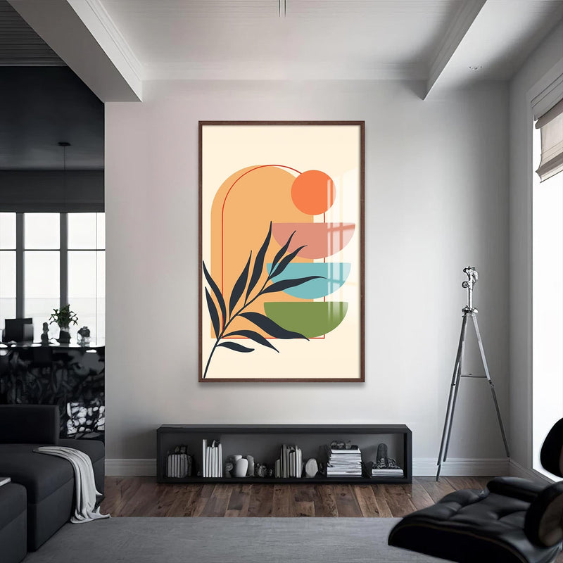 Artronauts Glass Print S | 72x46 cm | 28.3"x18.1" / Walnut Sunset Stacked Shapes– Bohemian Tempered Glass Wall Art
