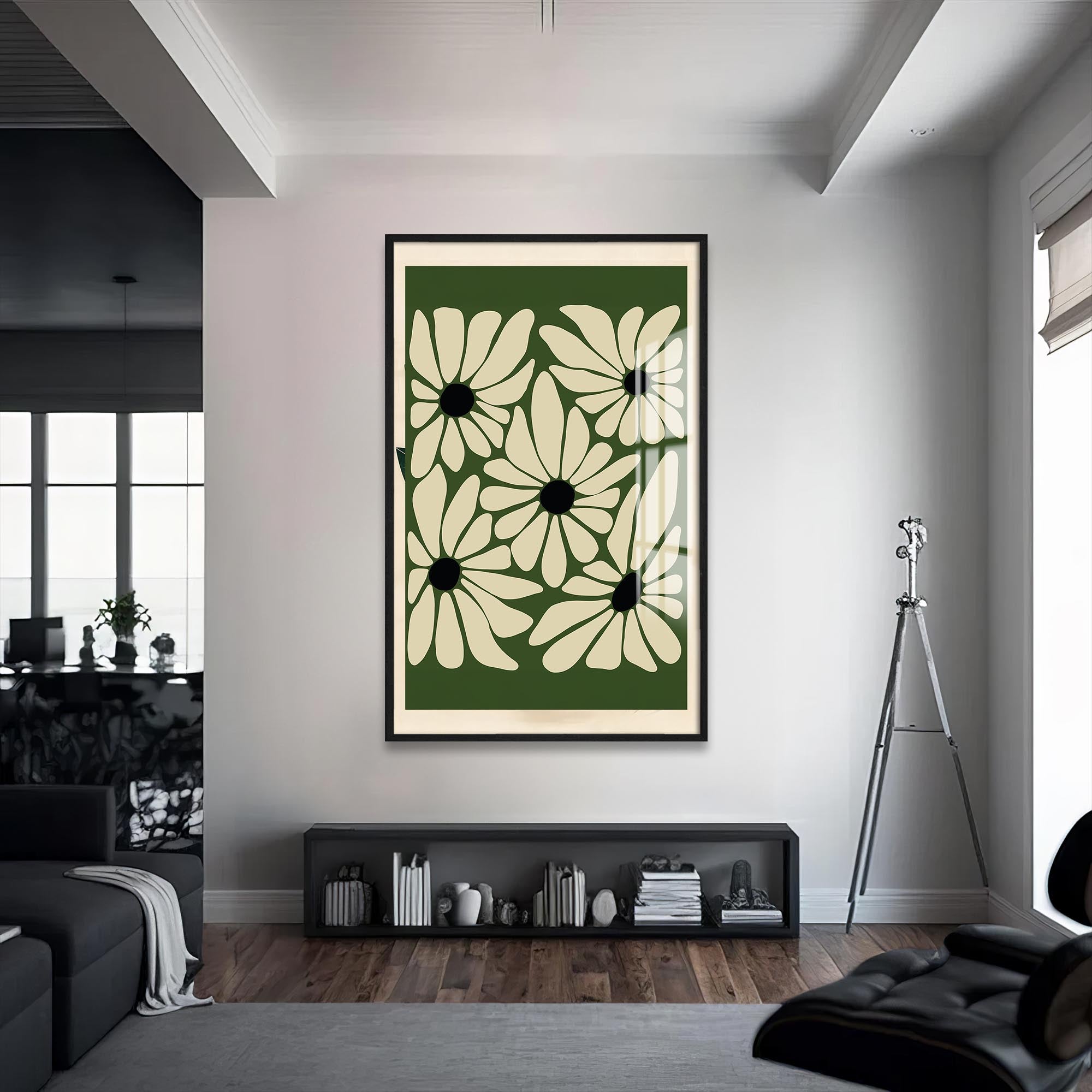 Artronauts Glass Print S | 72x46 cm | 28.3"x18.1" / Black Olive Bloom Pattern– Bohemian Tempered Glass Wall Art
