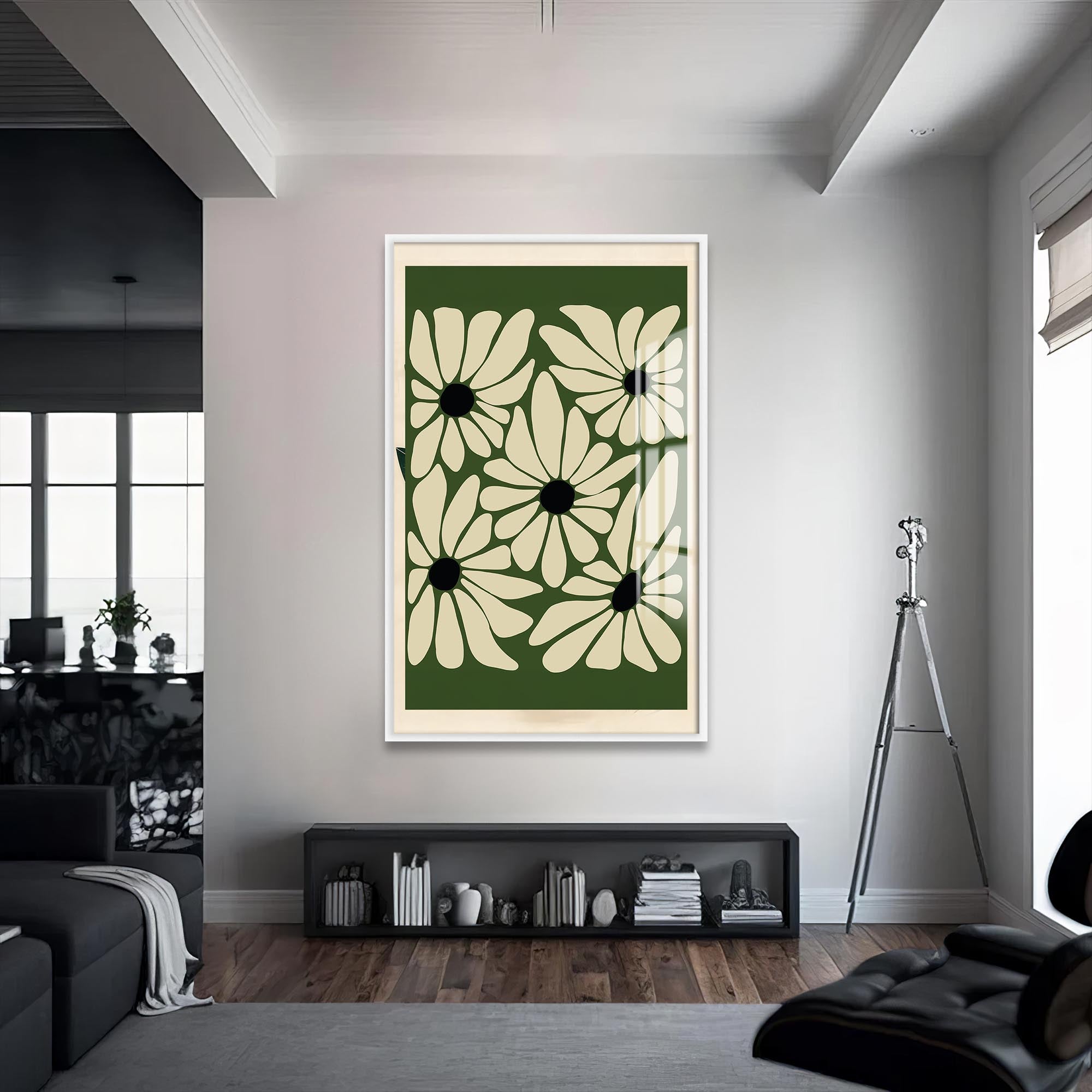 Artronauts Glass Print S | 72x46 cm | 28.3"x18.1" / White Olive Bloom Pattern– Bohemian Tempered Glass Wall Art