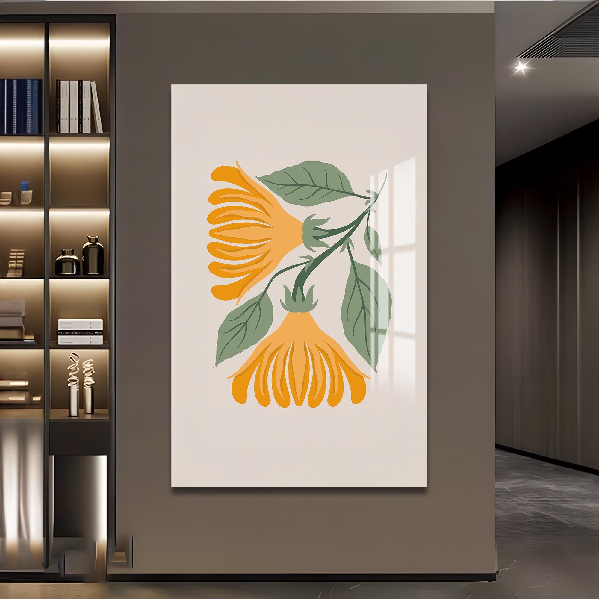 Golden Botanical Duo– Bohemian Tempered Glass Wall Art