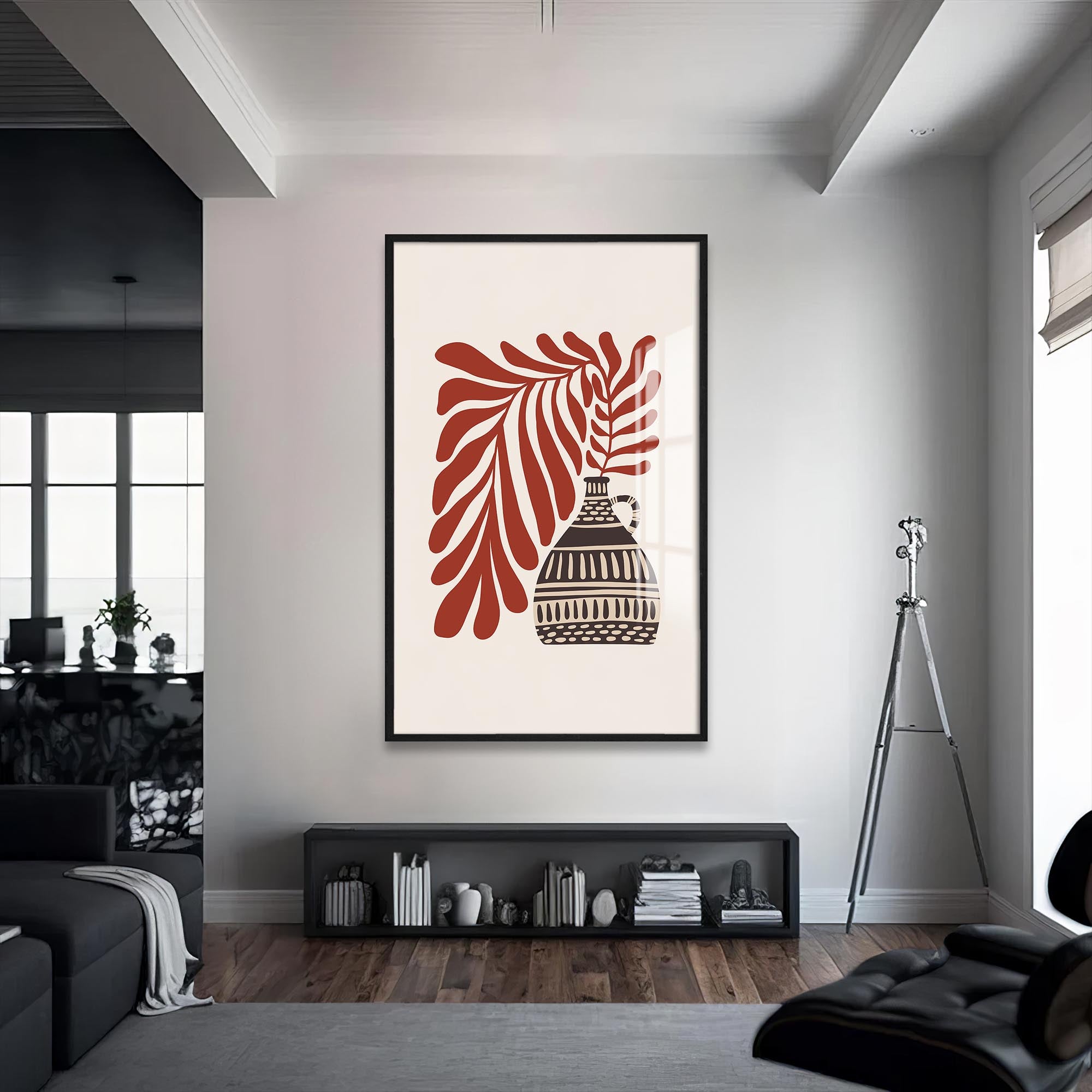 Artronauts Glass Print S | 72x46 cm | 28.3"x18.1" / Black Rustic Leaf Vase– Bohemian Tempered Glass Wall Art