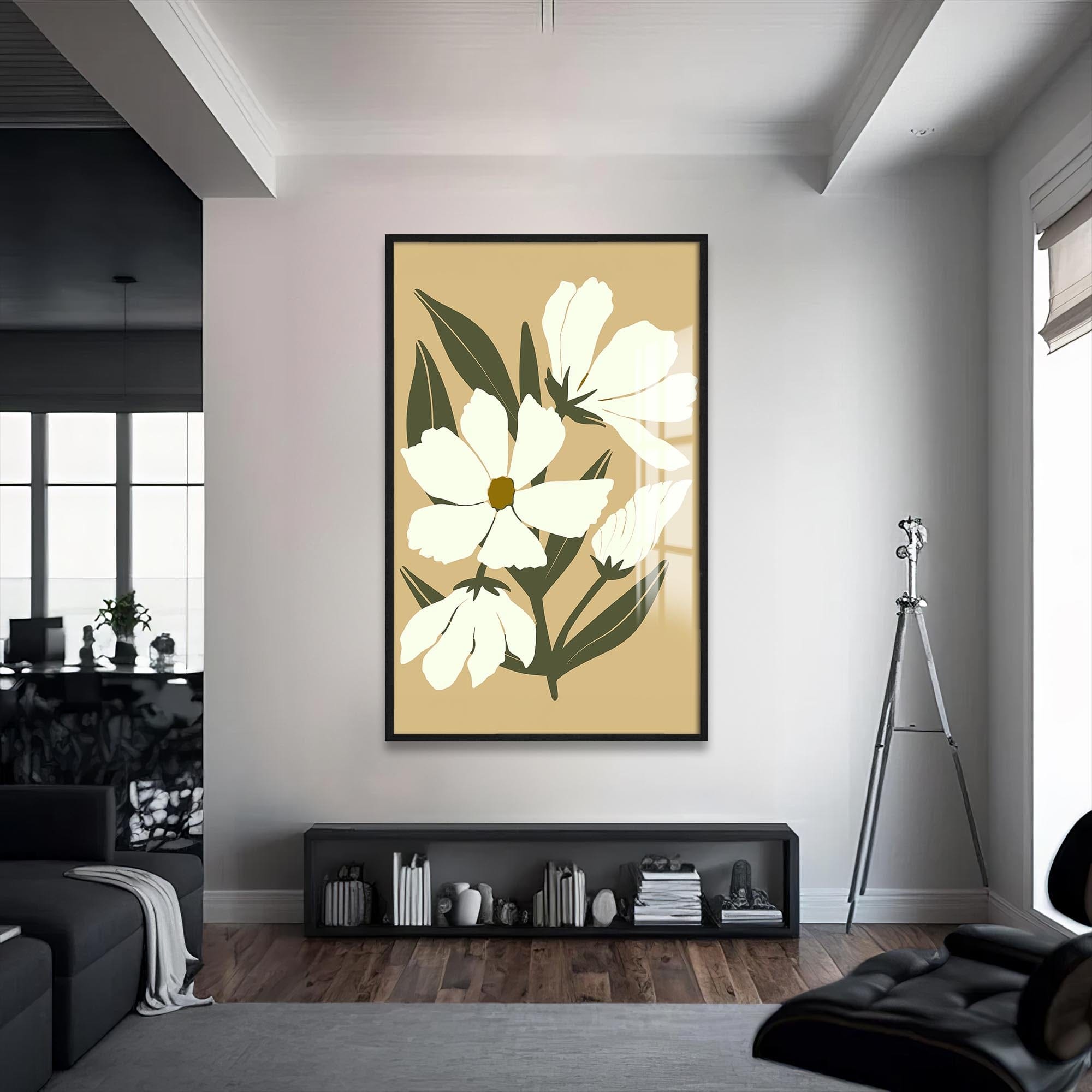 Artronauts Glass Print S | 72x46 cm | 28.3"x18.1" / Black Soft Ivory Blooms– Bohemian Tempered Glass Wall Art