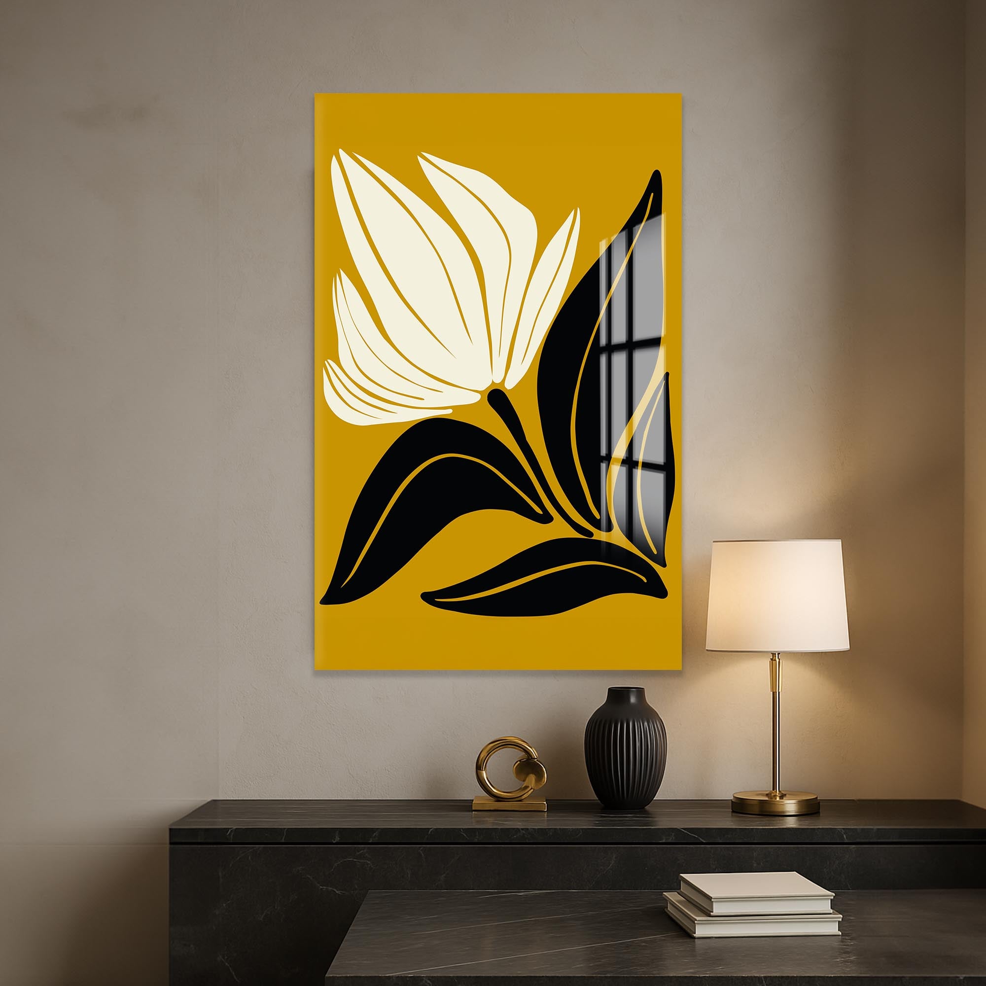 Artronauts Glass Print Golden Petal Silhouette– Bohemian Tempered Glass Wall Art