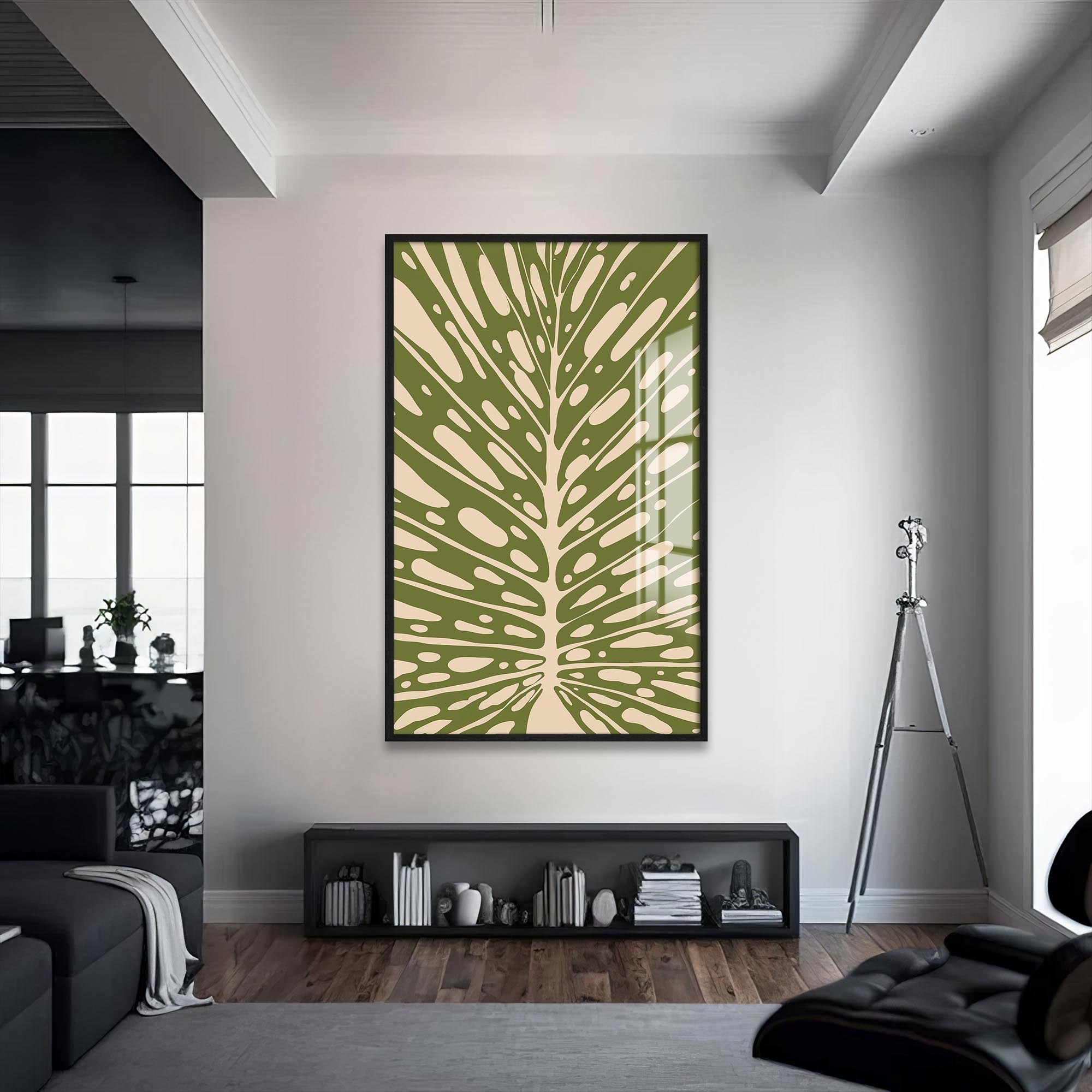 Artronauts Glass Print S | 72x46 cm | 28.3"x18.1" / Black Olive Leaf Rhythm– Bohemian Tempered Glass Wall Art
