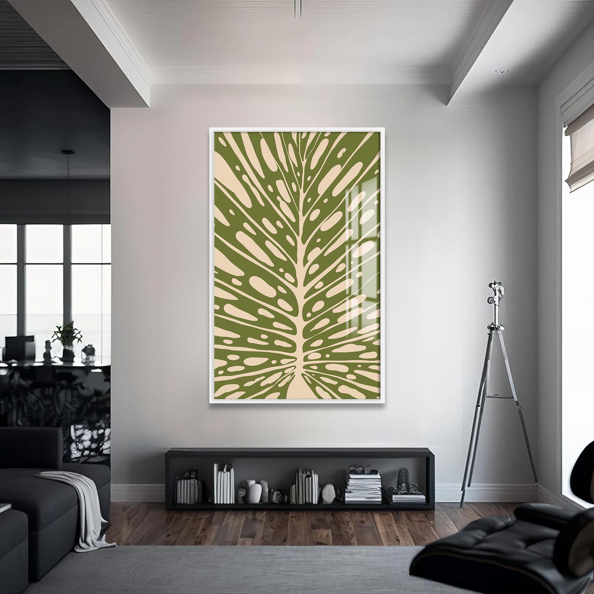 Artronauts Glass Print S | 72x46 cm | 28.3"x18.1" / White Olive Leaf Rhythm– Bohemian Tempered Glass Wall Art