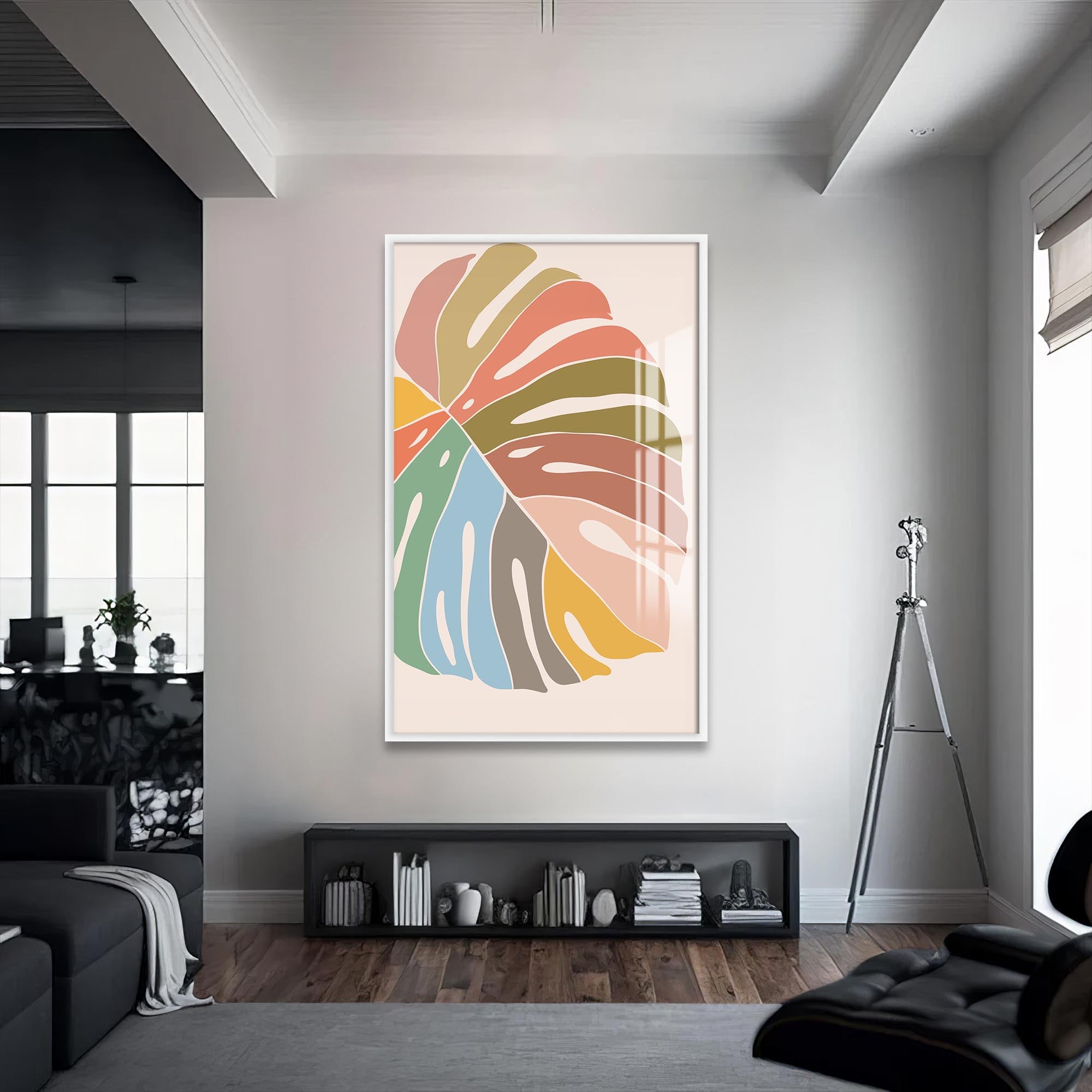 Artronauts Glass Print S | 72x46 cm | 28.3"x18.1" / White Multitone Monstera– Bohemian Tempered Glass Wall Art