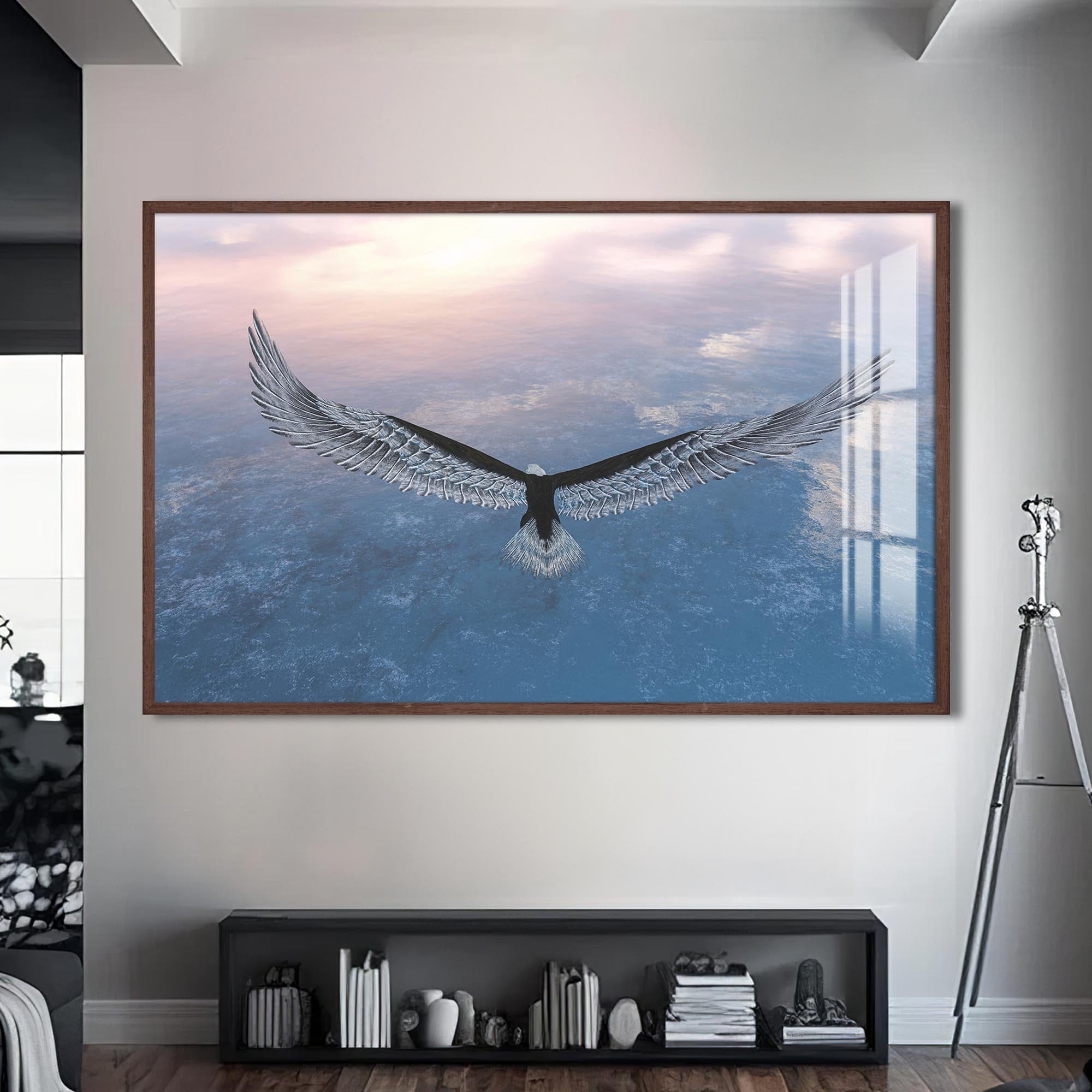 Artronauts Glass Print S | 72x46 cm | 28.3"x18.1" / Walnut Soaring Eagle Above the Clouds – Animal Tempered Glass Wall Art