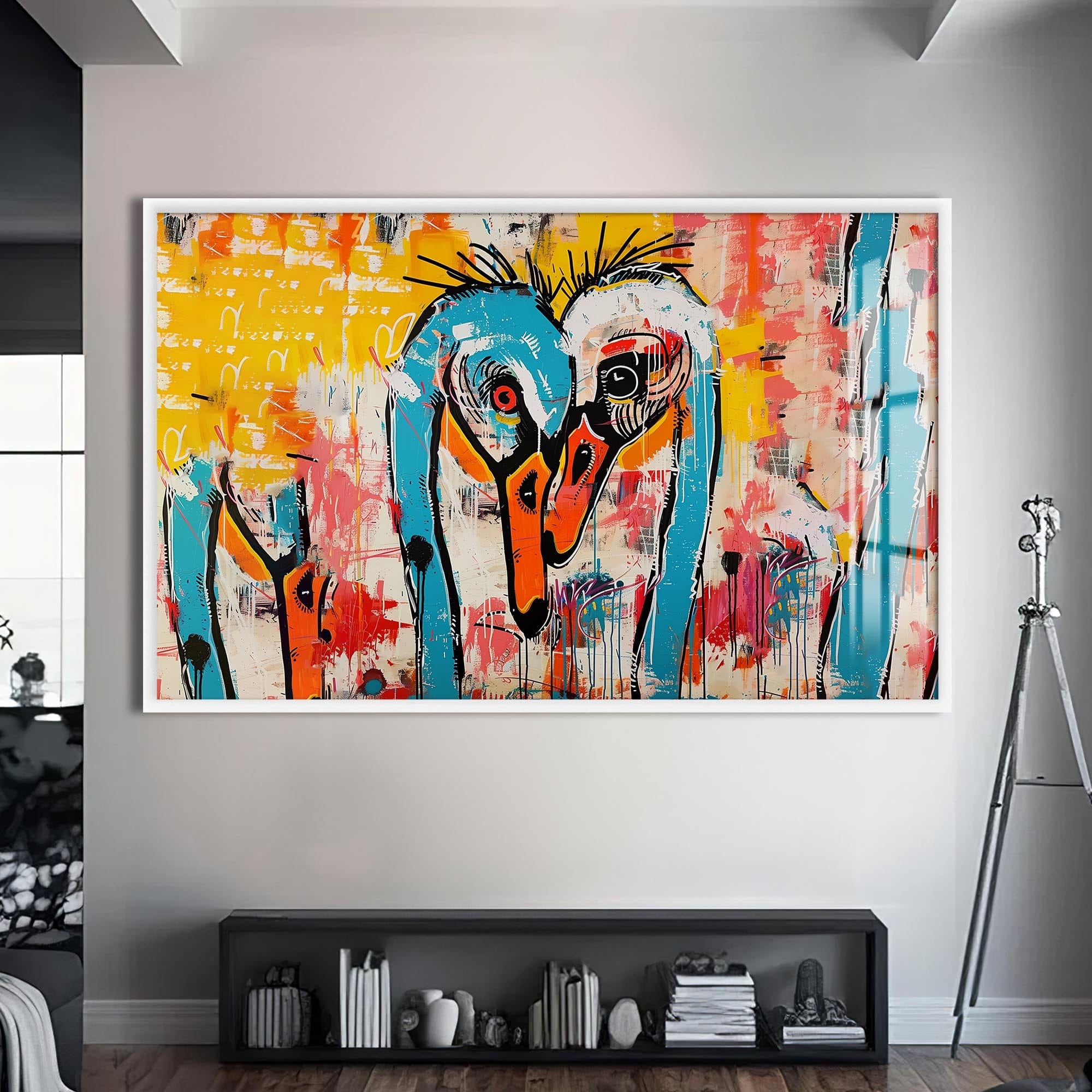 Artronauts Glass Print S | 72x46 cm | 28.3"x18.1" / White Abstract Crane Duo – Animal Tempered Glass Wall Art