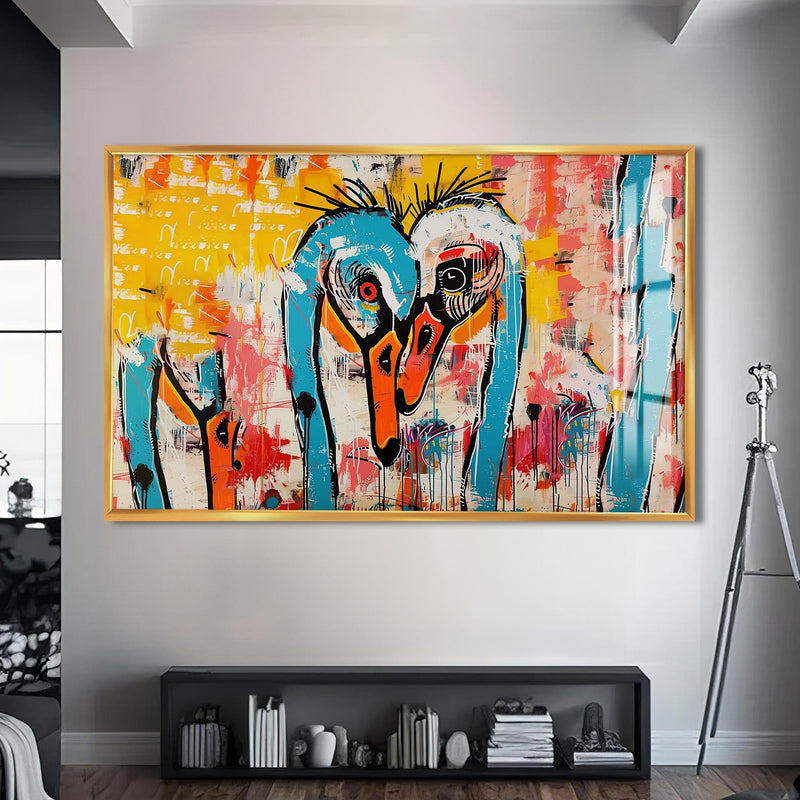 Artronauts Glass Print S | 72x46 cm | 28.3"x18.1" / Gold Abstract Crane Duo – Animal Tempered Glass Wall Art