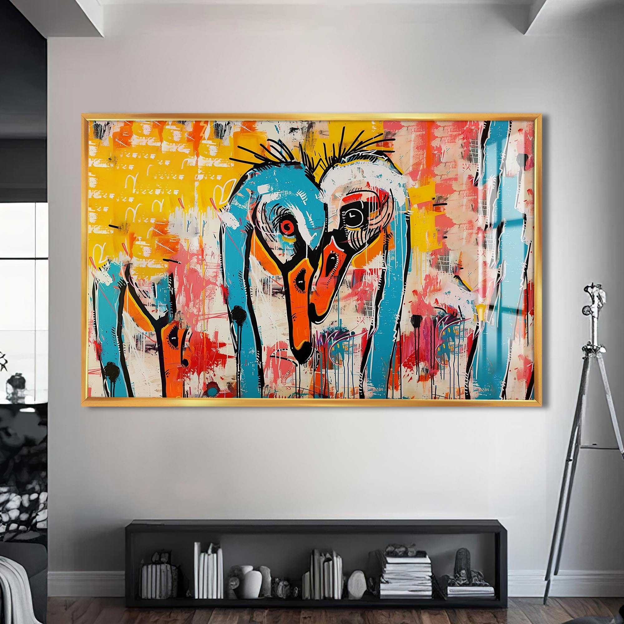 Artronauts Glass Print S | 72x46 cm | 28.3"x18.1" / Gold Abstract Crane Duo – Animal Tempered Glass Wall Art