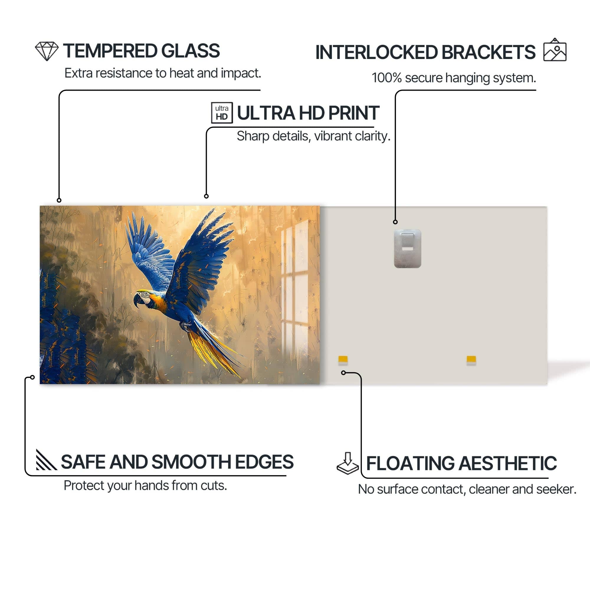 Artronauts Glass Print Blue Macaw in Flight – Animal Tempered Glass Wall Art