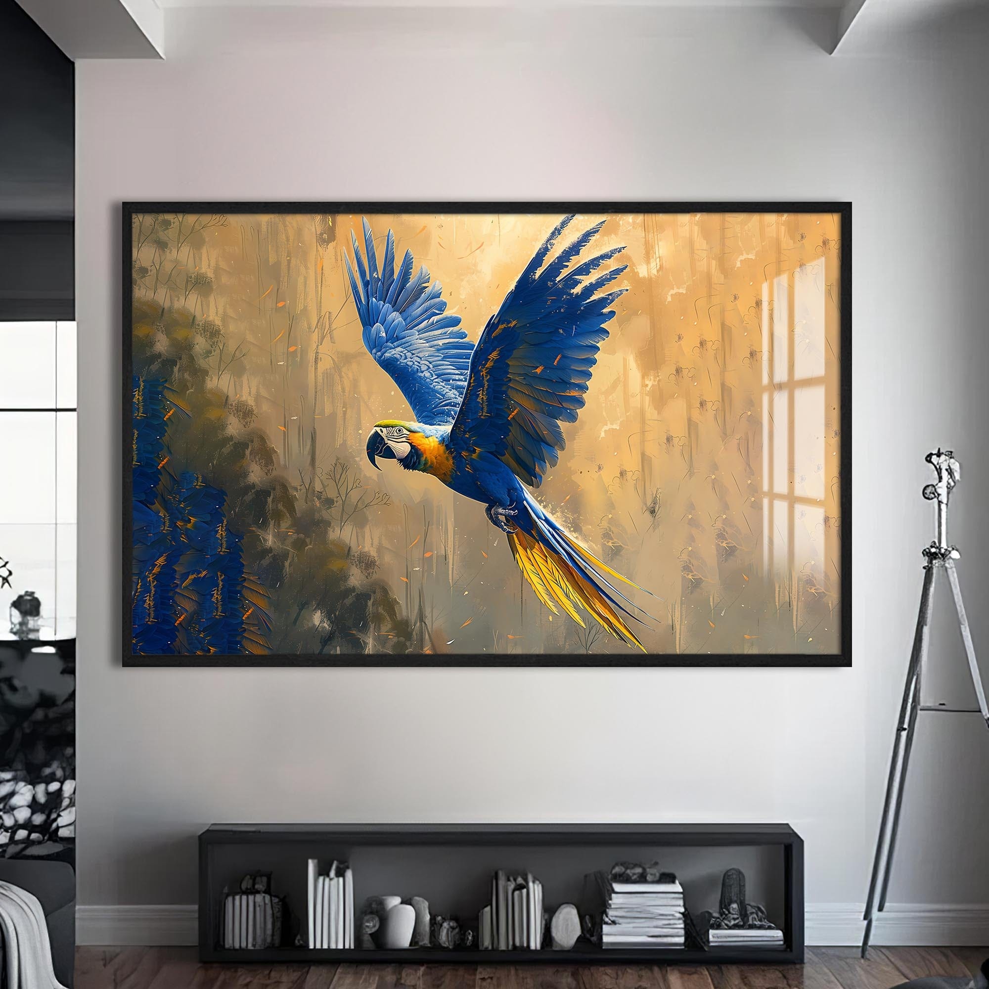 Artronauts Glass Print S | 72x46 cm | 28.3"x18.1" / Black Blue Macaw in Flight – Animal Tempered Glass Wall Art