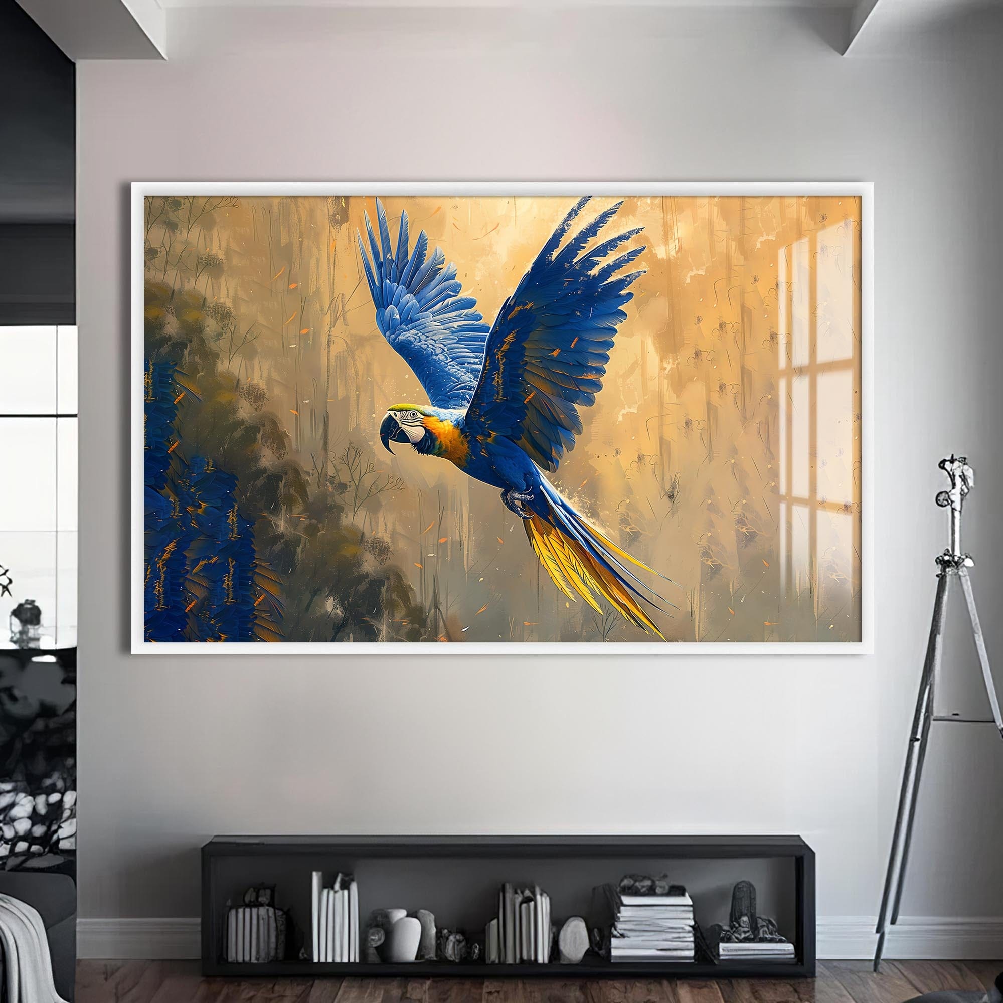 Artronauts Glass Print S | 72x46 cm | 28.3"x18.1" / White Blue Macaw in Flight – Animal Tempered Glass Wall Art