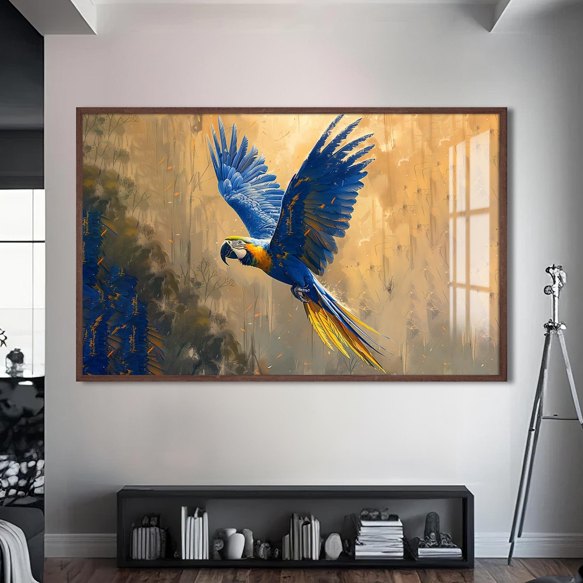 Artronauts Glass Print S | 72x46 cm | 28.3"x18.1" / Walnut Blue Macaw in Flight – Animal Tempered Glass Wall Art