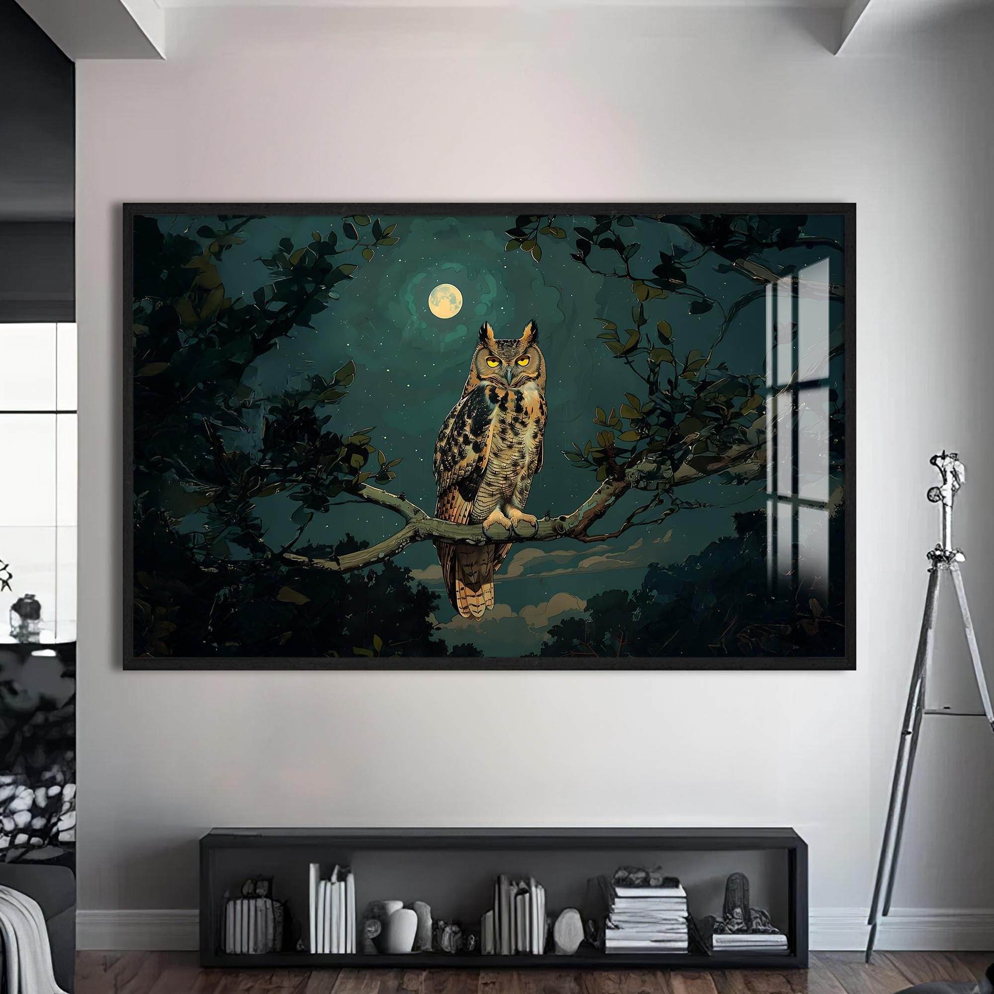 Artronauts Glass Print S | 72x46 cm | 28.3"x18.1" / Black Moonlit Owl – Animal Tempered Glass Wall Art