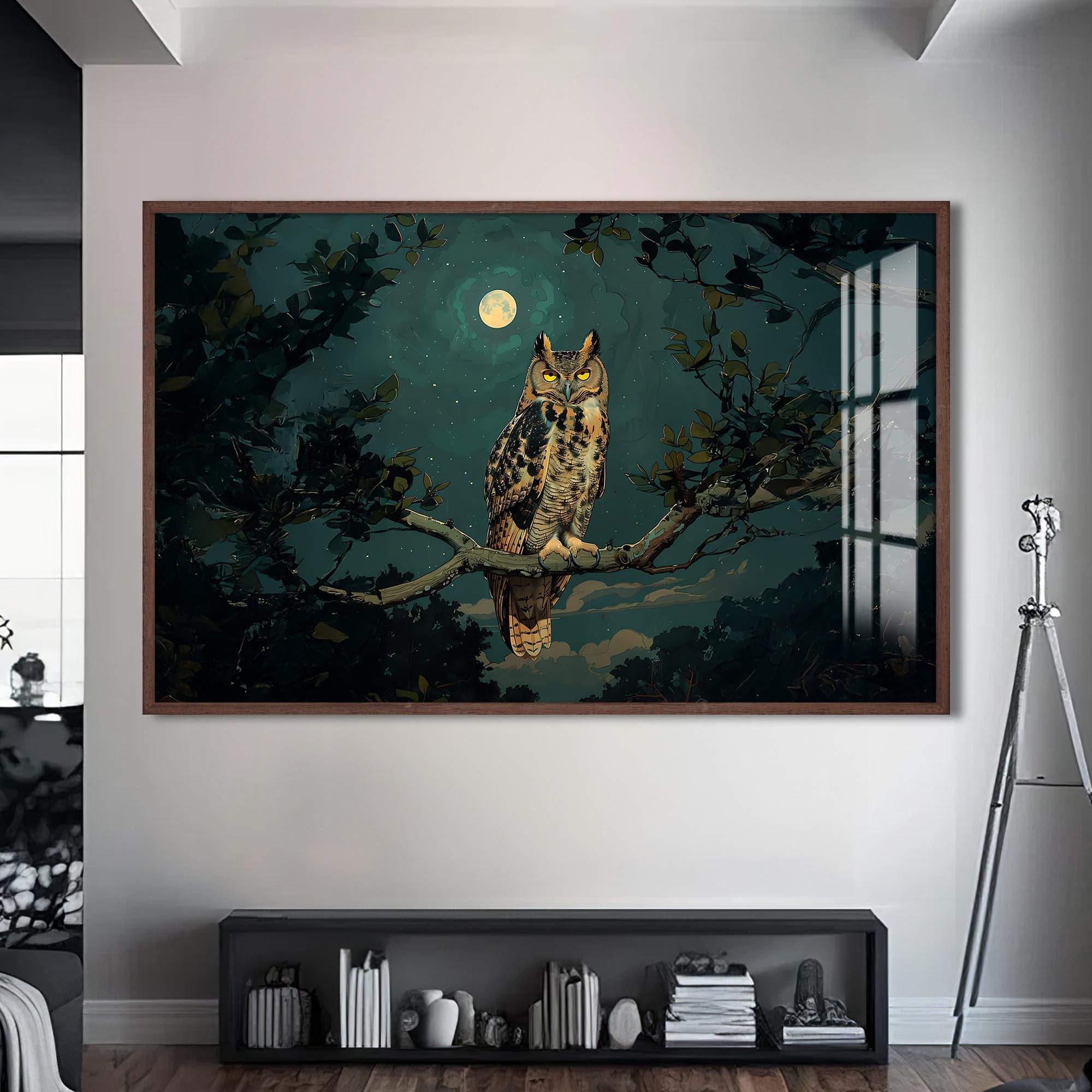 Artronauts Glass Print S | 72x46 cm | 28.3"x18.1" / Walnut Moonlit Owl – Animal Tempered Glass Wall Art