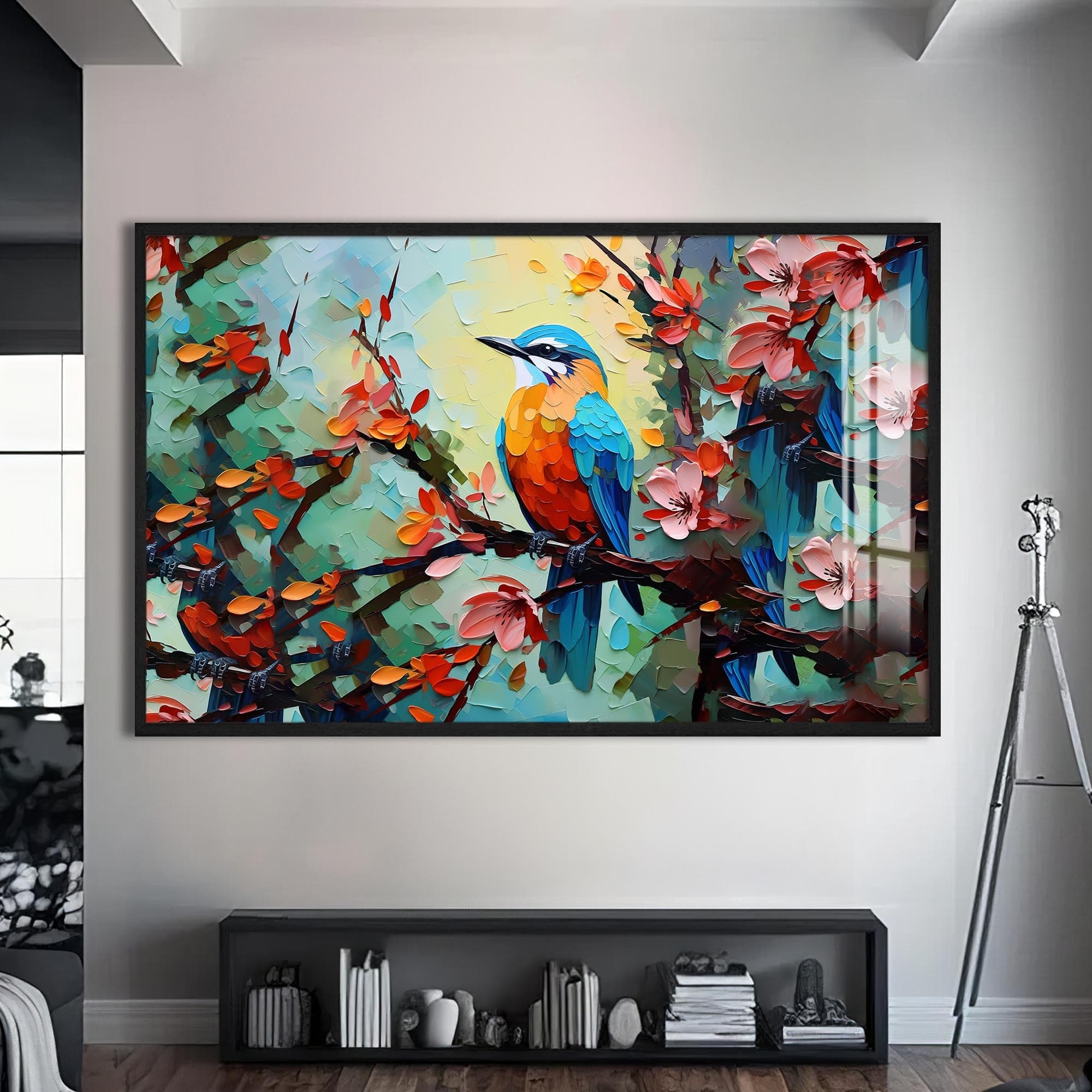 Artronauts Glass Print S | 72x46 cm | 28.3"x18.1" / Black Colorful Spring Bird – Animal Tempered Glass Wall Art