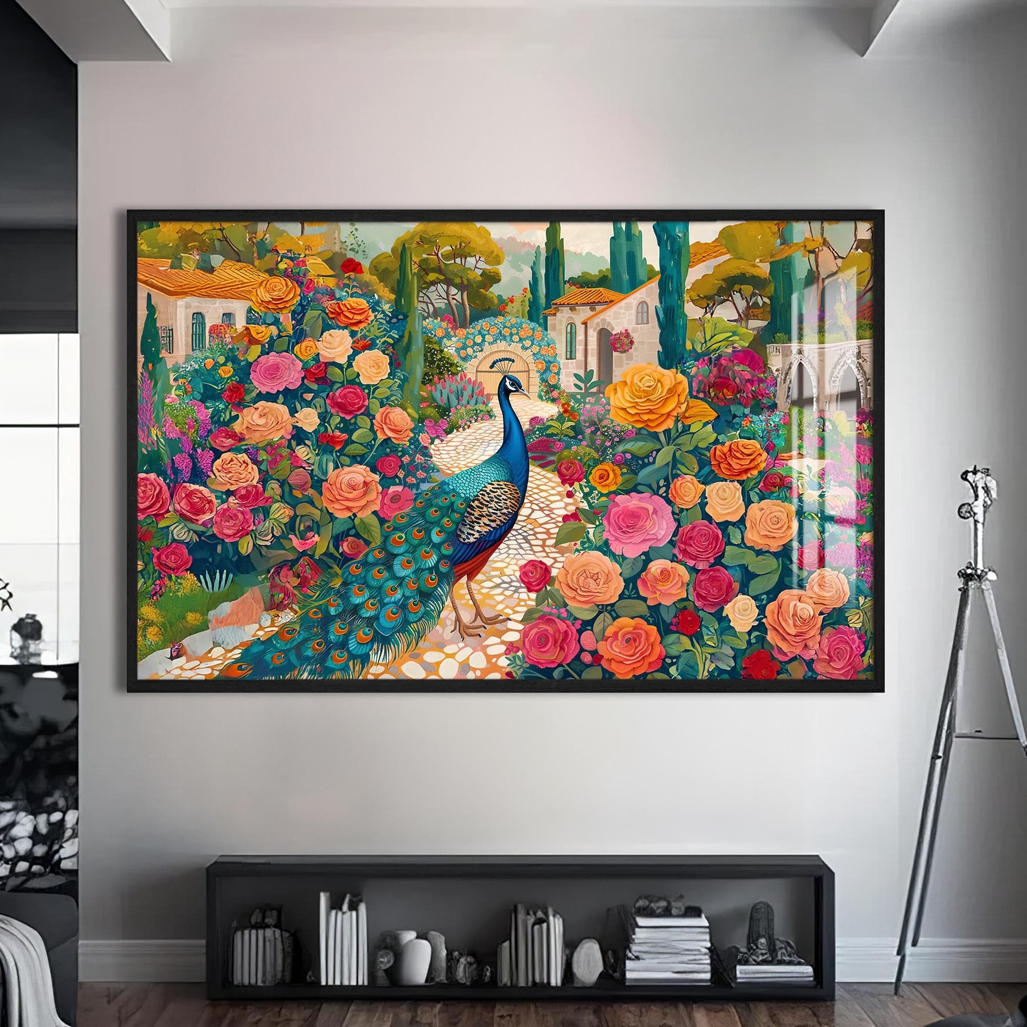 Artronauts Glass Print S | 72x46 cm | 28.3"x18.1" / Black Garden Peacock – Animal Tempered Glass Wall Art