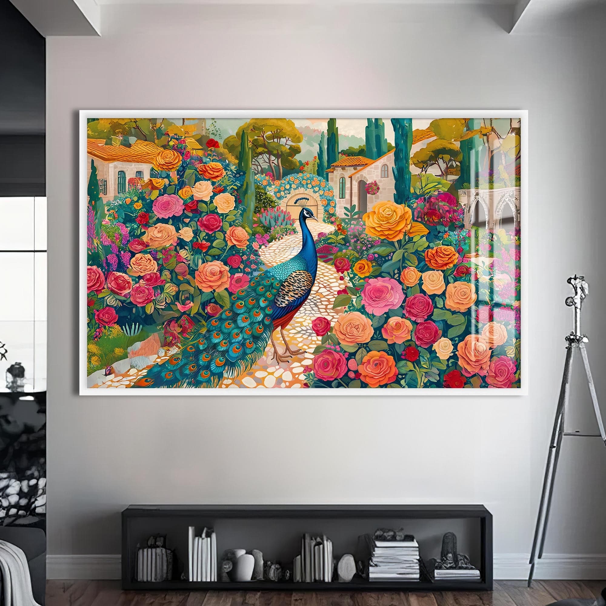 Artronauts Glass Print S | 72x46 cm | 28.3"x18.1" / White Garden Peacock – Animal Tempered Glass Wall Art