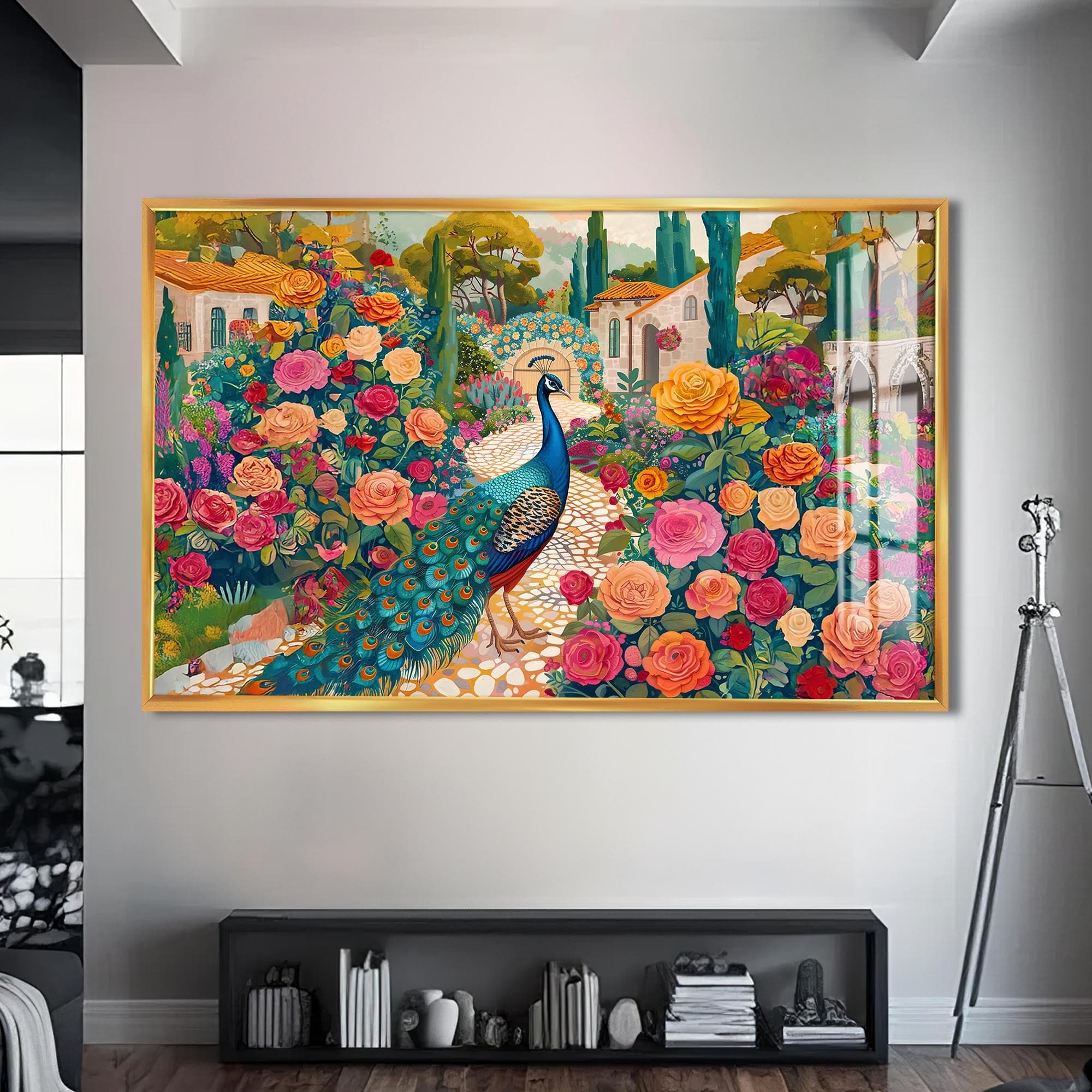 Artronauts Glass Print S | 72x46 cm | 28.3"x18.1" / Gold Garden Peacock – Animal Tempered Glass Wall Art