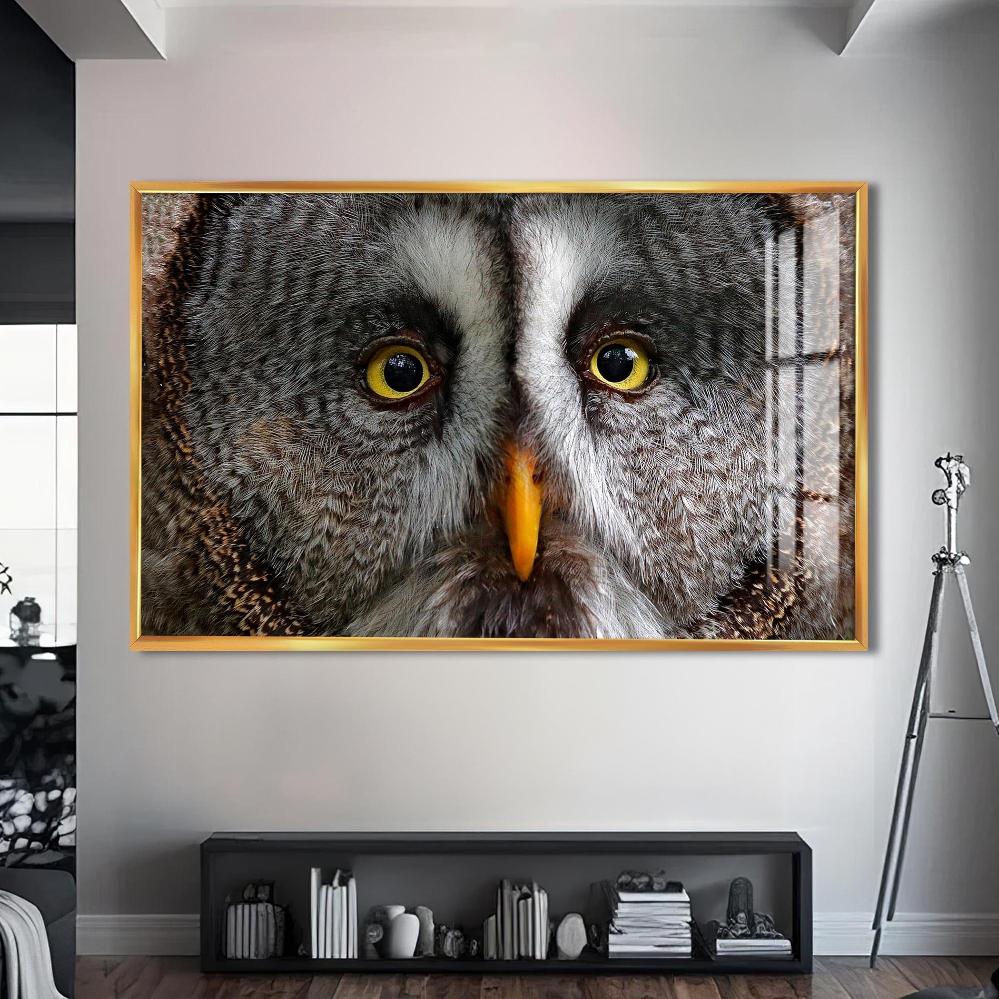 Artronauts Glass Print S | 72x46 cm | 28.3"x18.1" / Gold Grey Owl Portrait – Animal Tempered Glass Wall Art