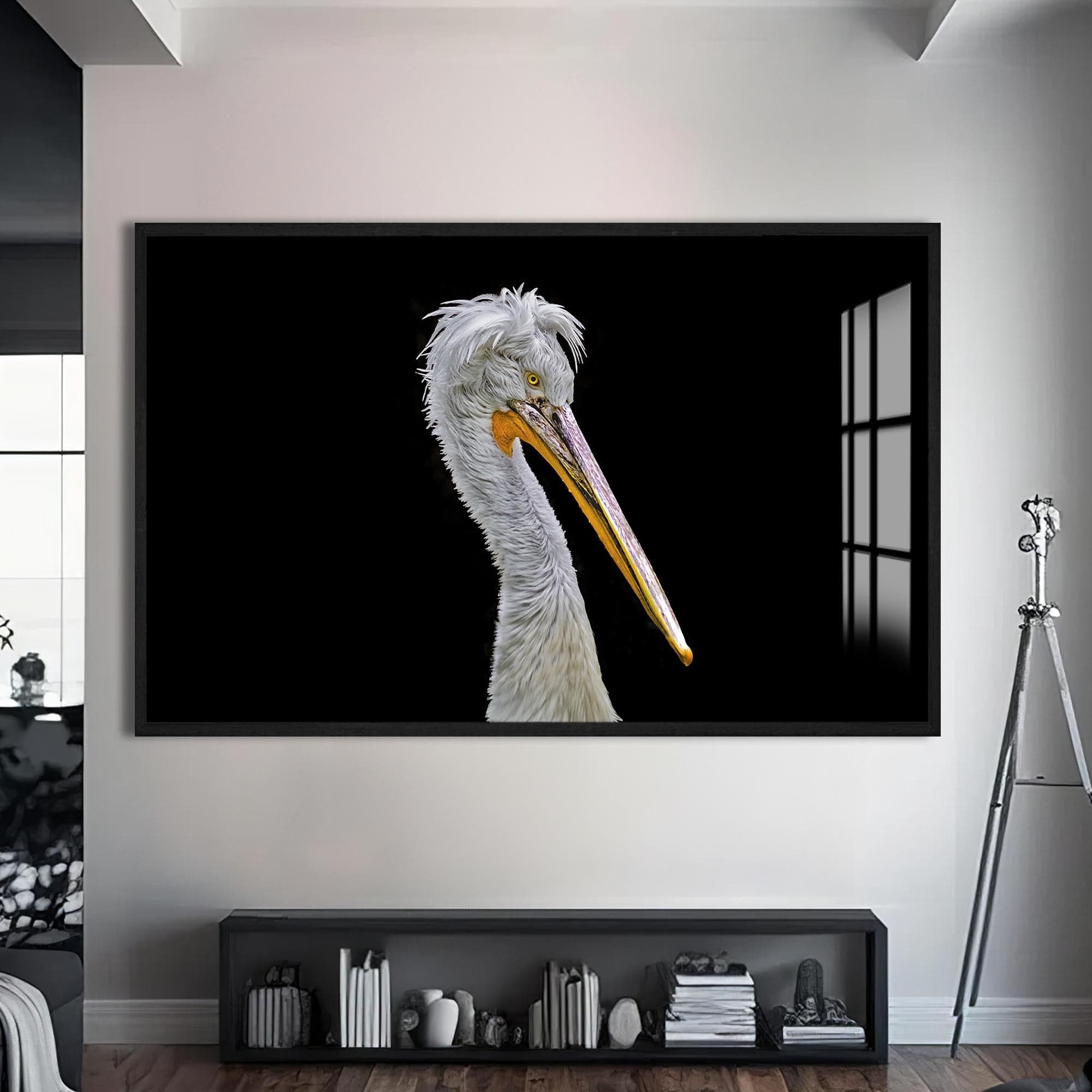 Artronauts Glass Print S | 72x46 cm | 28.3"x18.1" / Black Striking Pelican Portrait – Animal Tempered Glass Wall Art