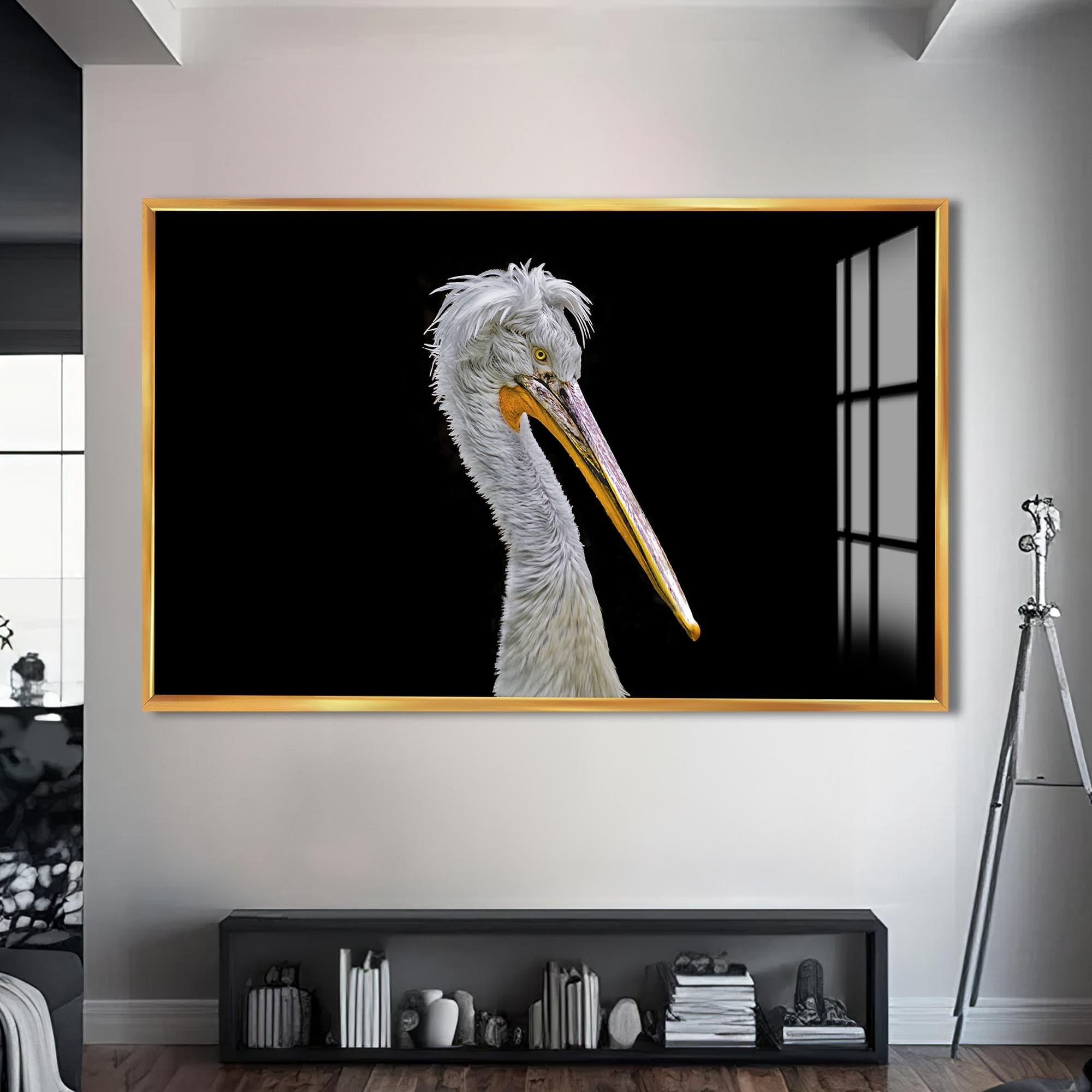 Artronauts Glass Print S | 72x46 cm | 28.3"x18.1" / Gold Striking Pelican Portrait – Animal Tempered Glass Wall Art