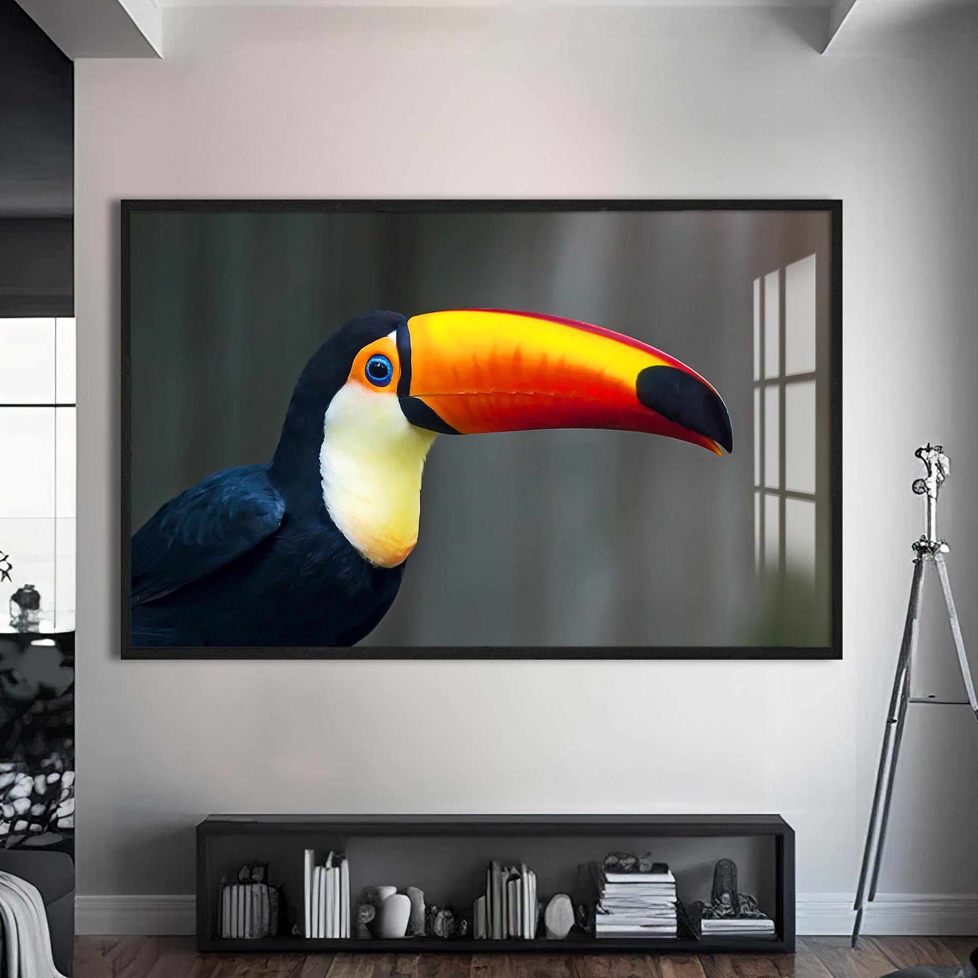 Artronauts Glass Print S | 72x46 cm | 28.3"x18.1" / Black Toucan Splash – Animal Tempered Glass Wall Art