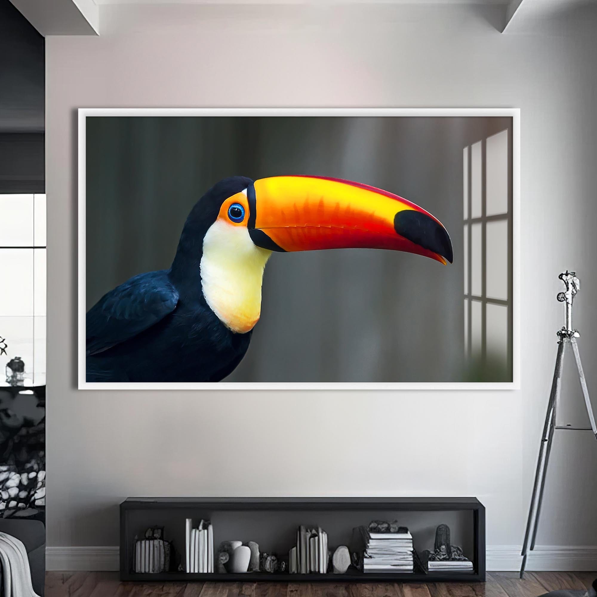 Artronauts Glass Print S | 72x46 cm | 28.3"x18.1" / White Toucan Splash – Animal Tempered Glass Wall Art