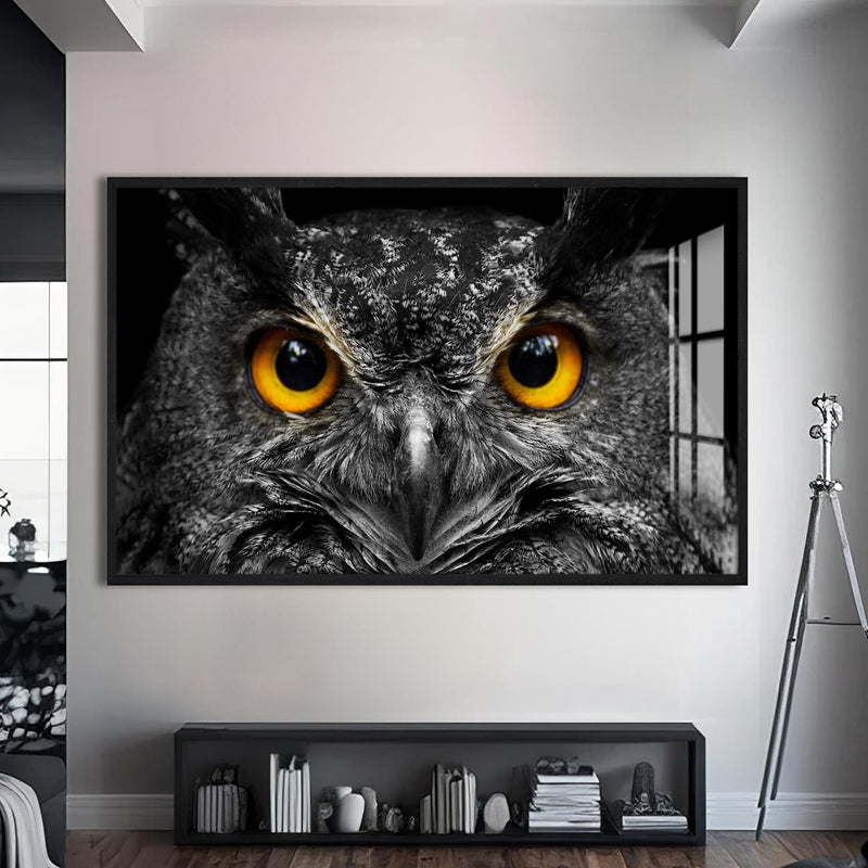 Artronauts Glass Print S | 72x46 cm | 28.3"x18.1" / Black Owl Gaze – Animal Tempered Glass Wall Art