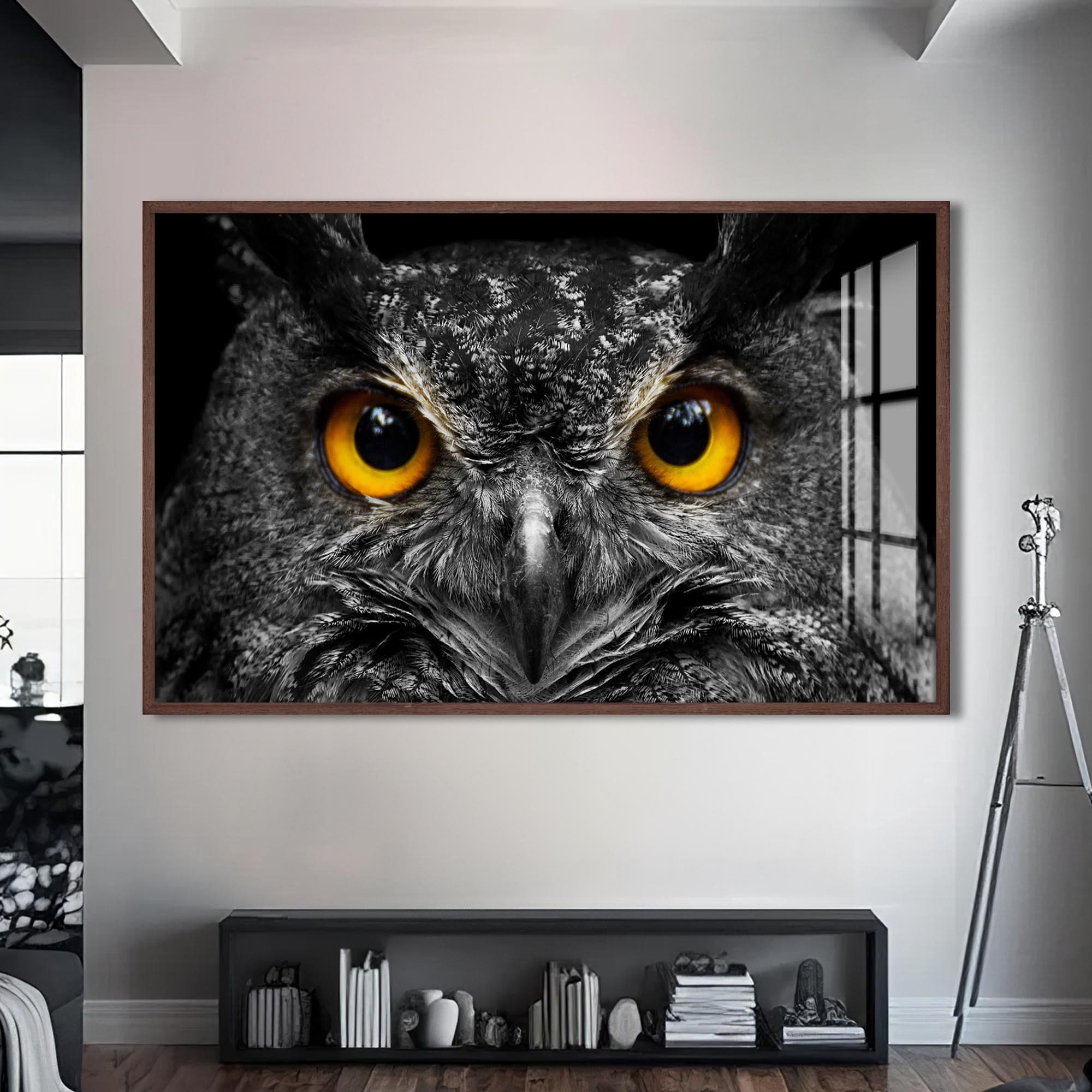 Artronauts Glass Print S | 72x46 cm | 28.3"x18.1" / Walnut Owl Gaze – Animal Tempered Glass Wall Art