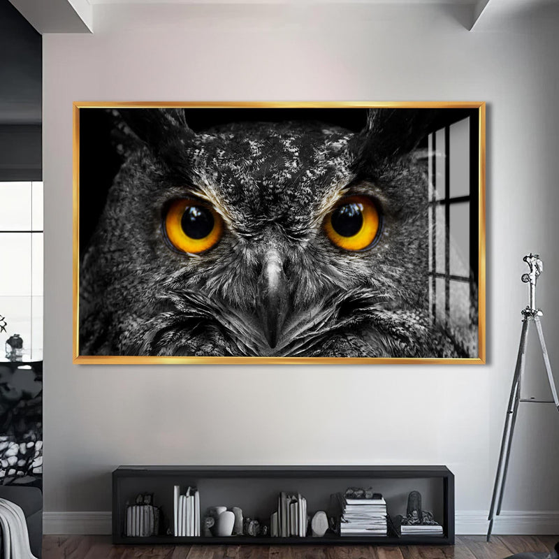 Artronauts Glass Print S | 72x46 cm | 28.3"x18.1" / Gold Owl Gaze – Animal Tempered Glass Wall Art