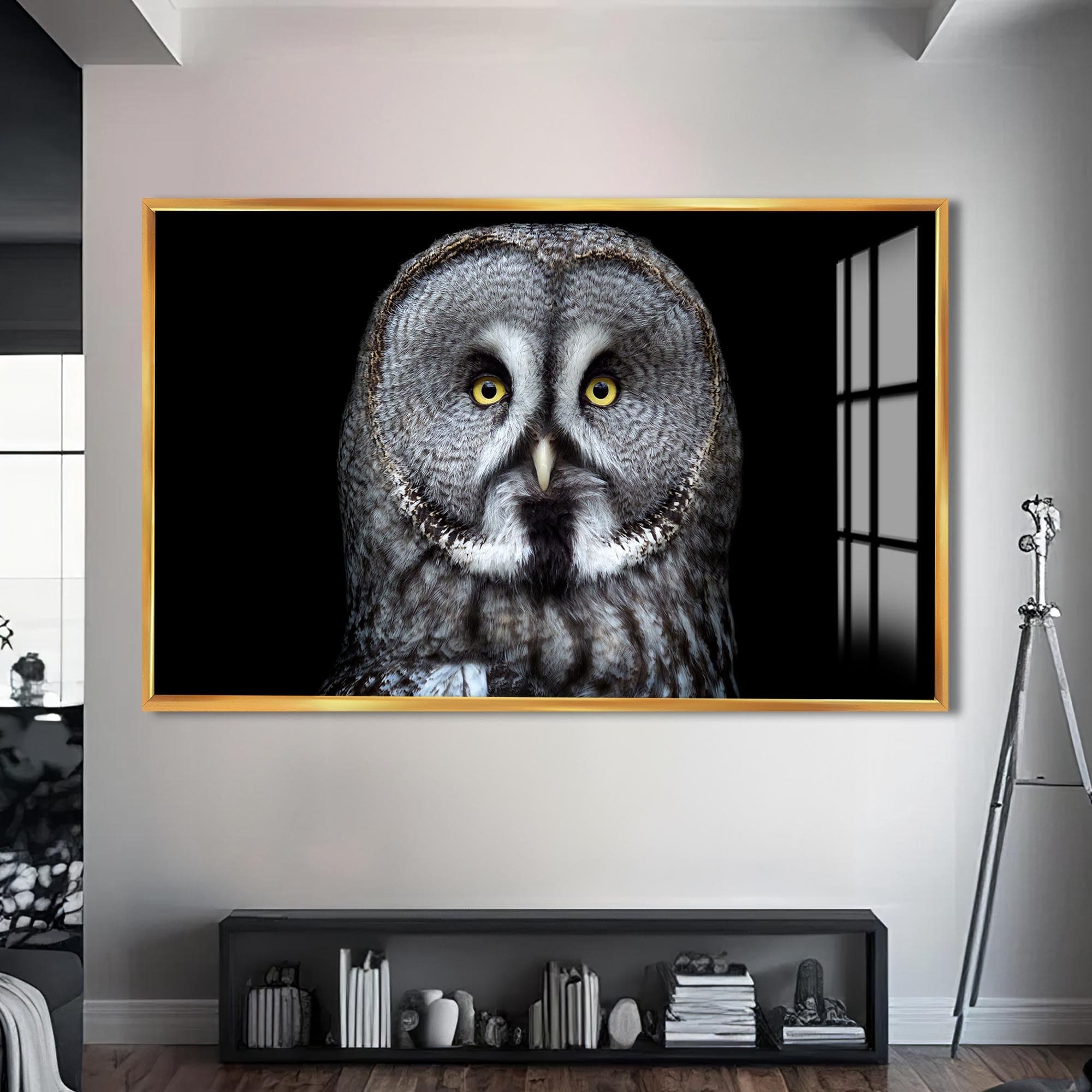 Artronauts Glass Print S | 72x46 cm | 28.3"x18.1" / Gold Grey Owl Close-Up – Animal Tempered Glass Wall Art