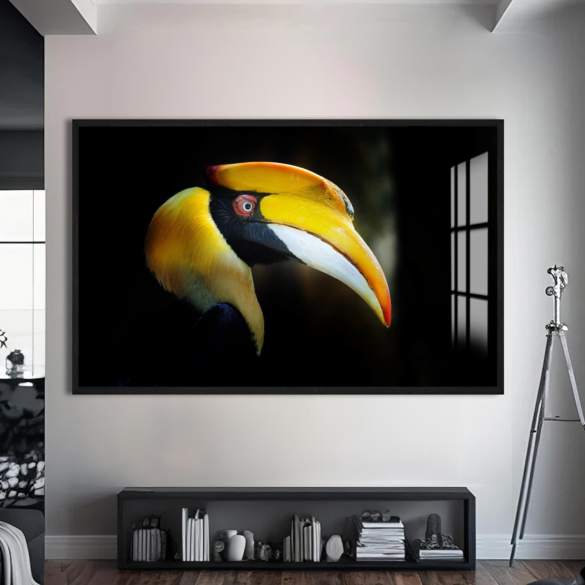 Artronauts Glass Print S | 72x46 cm | 28.3"x18.1" / Black Yellow Hornbill Portrait – Animal Tempered Glass Wall Art