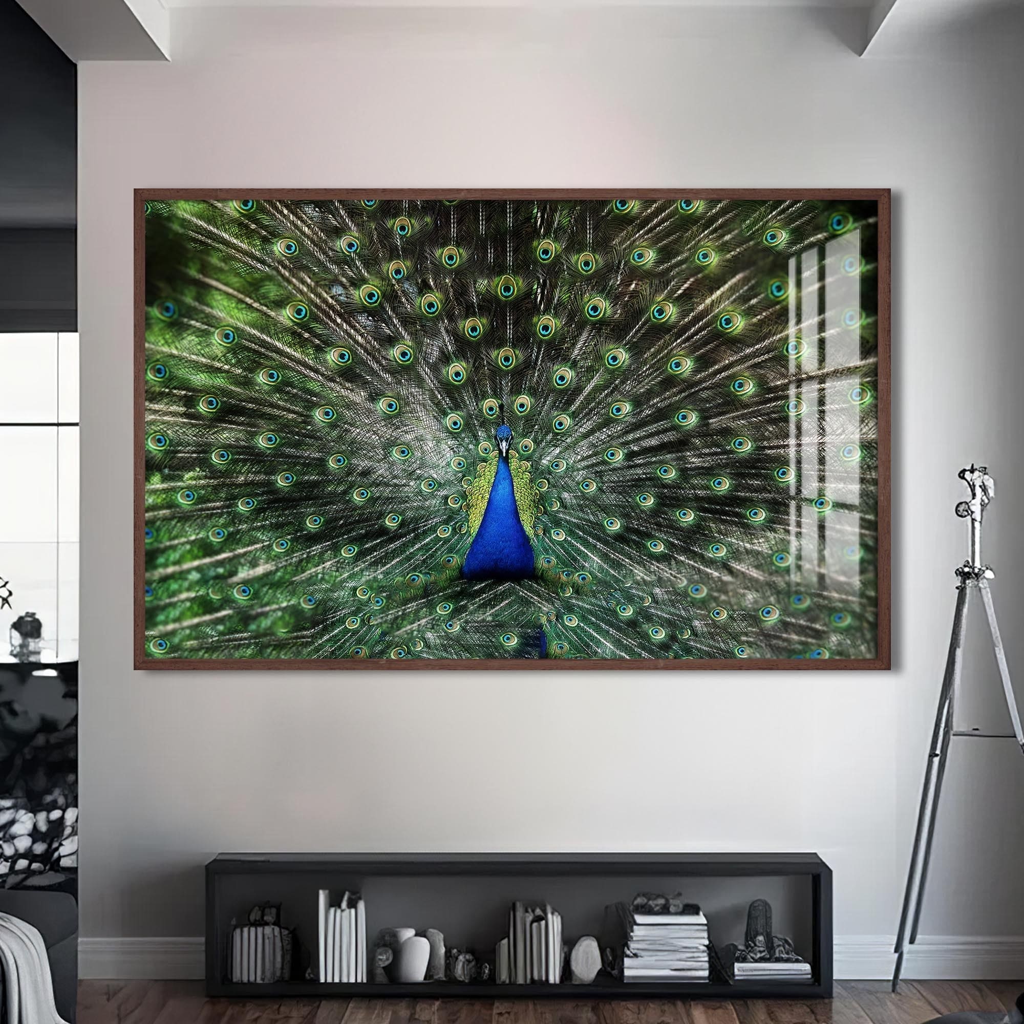 Artronauts Glass Print S | 72x46 cm | 28.3"x18.1" / Walnut Peacock Feathers Spread – Animal Tempered Glass Wall Art