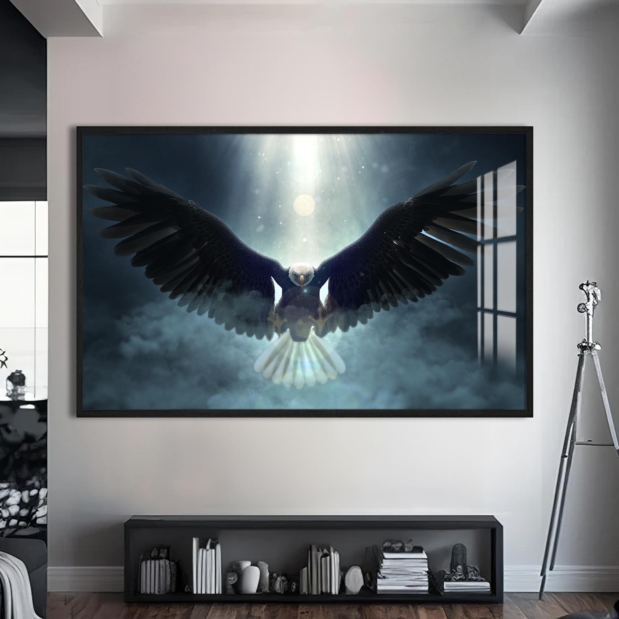 Artronauts Glass Print S | 72x46 cm | 28.3"x18.1" / Black Eagle in Divine Light – Animal Tempered Glass Wall Art