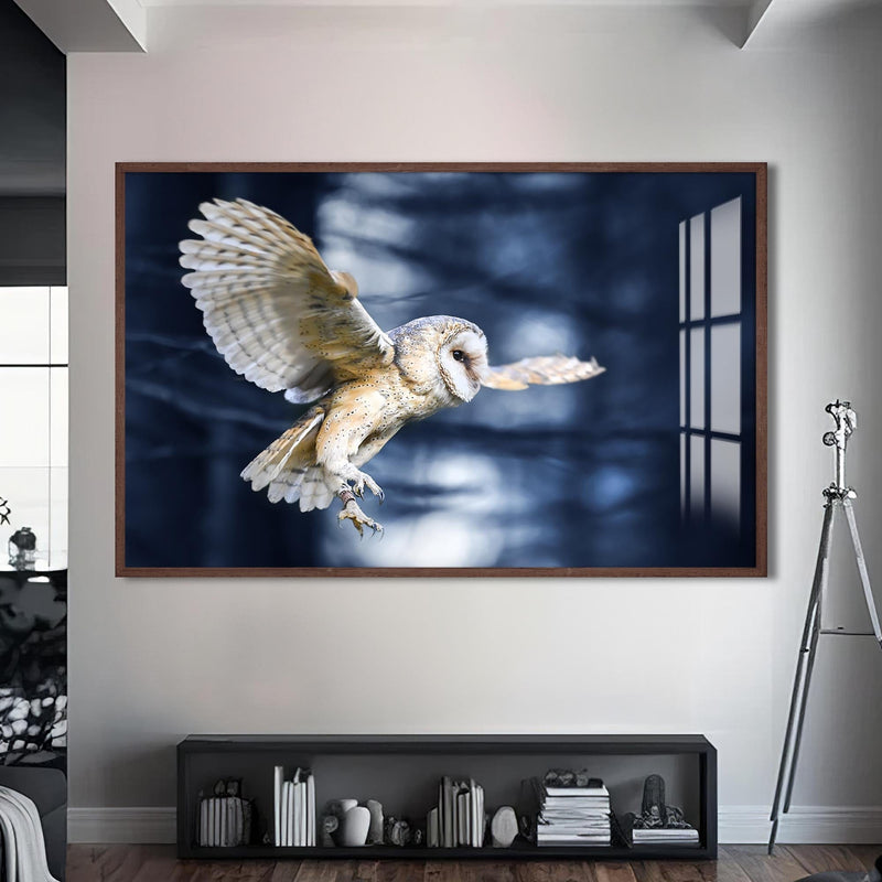 Artronauts Glass Print S | 72x46 cm | 28.3"x18.1" / Walnut Owl in the Midnight Forest – Animal Tempered Glass Wall Art