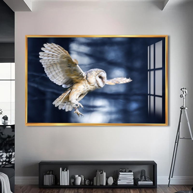 Artronauts Glass Print S | 72x46 cm | 28.3"x18.1" / Gold Owl in the Midnight Forest – Animal Tempered Glass Wall Art