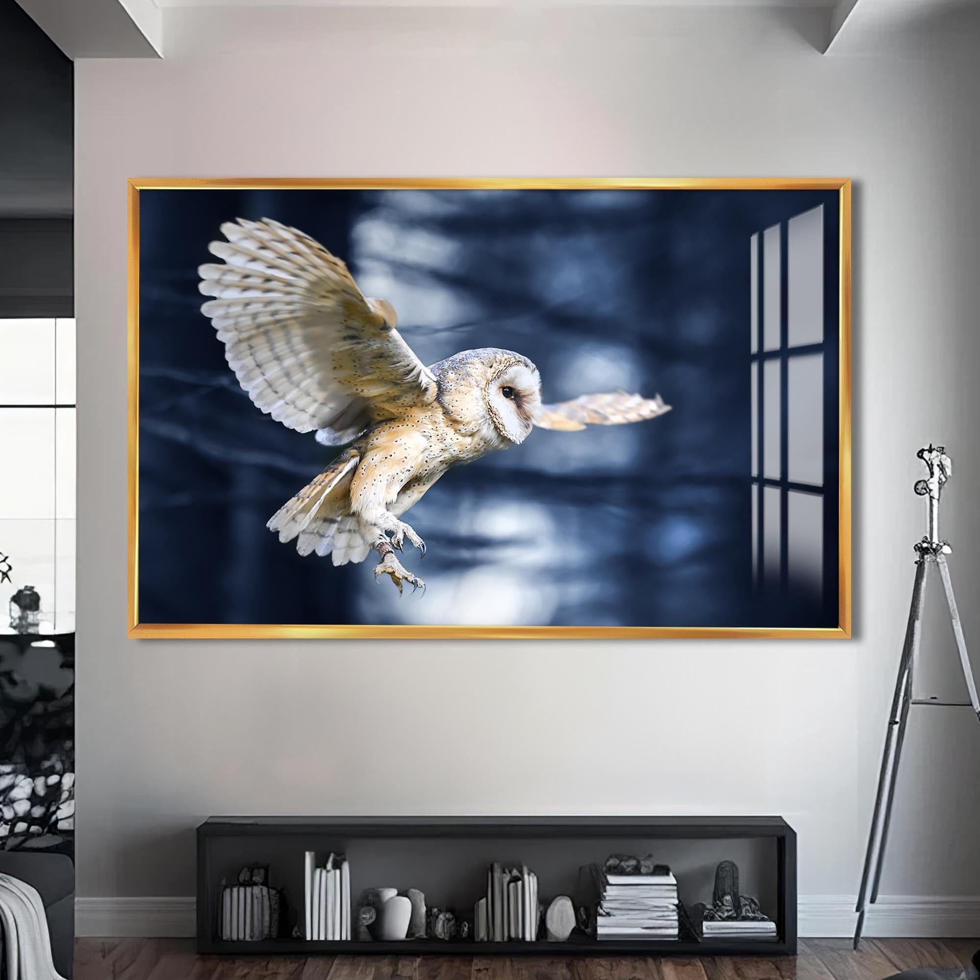 Artronauts Glass Print S | 72x46 cm | 28.3"x18.1" / Gold Owl in the Midnight Forest – Animal Tempered Glass Wall Art