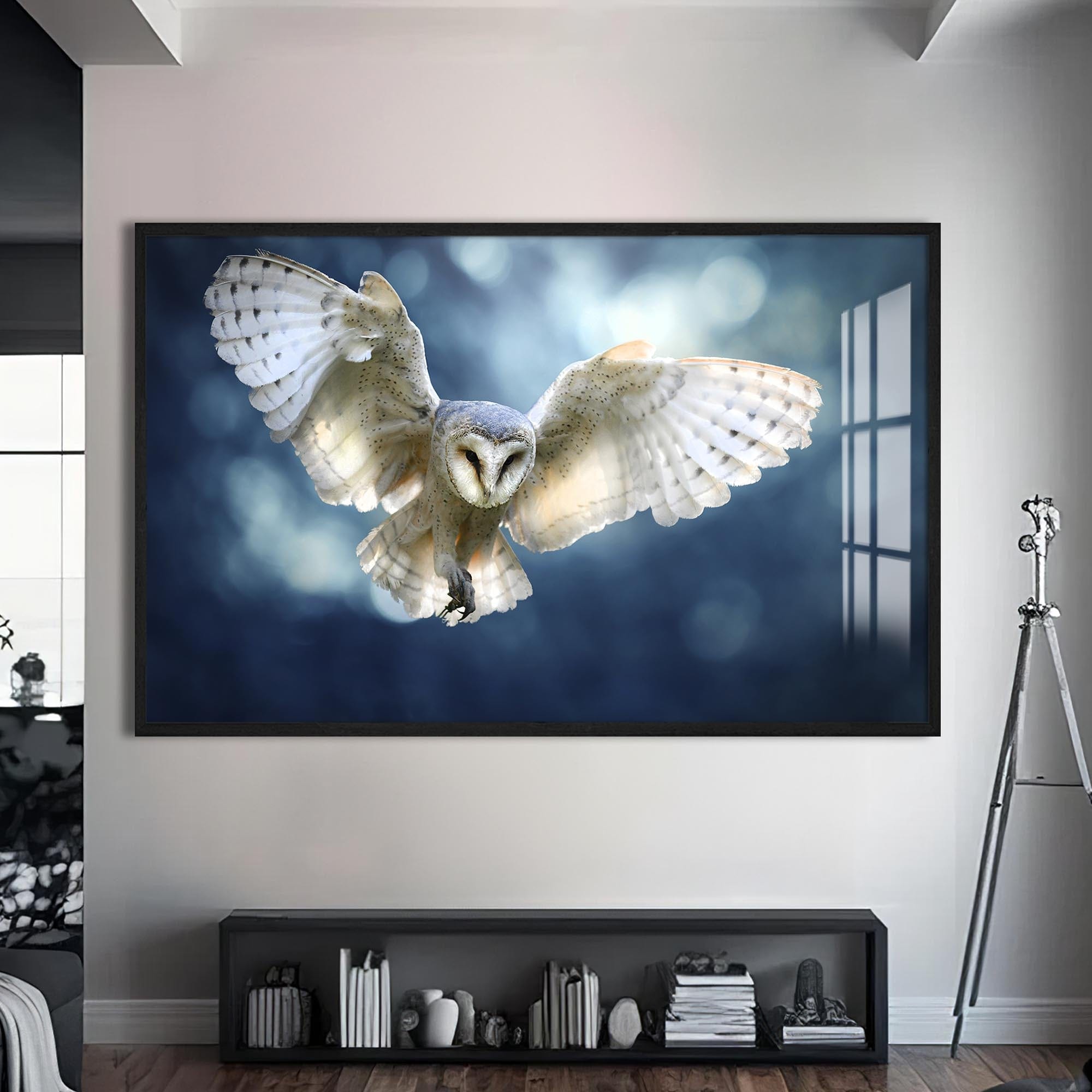 Artronauts Glass Print S | 72x46 cm | 28.3"x18.1" / Black Glowing Barn Owl – Animal Tempered Glass Wall Art