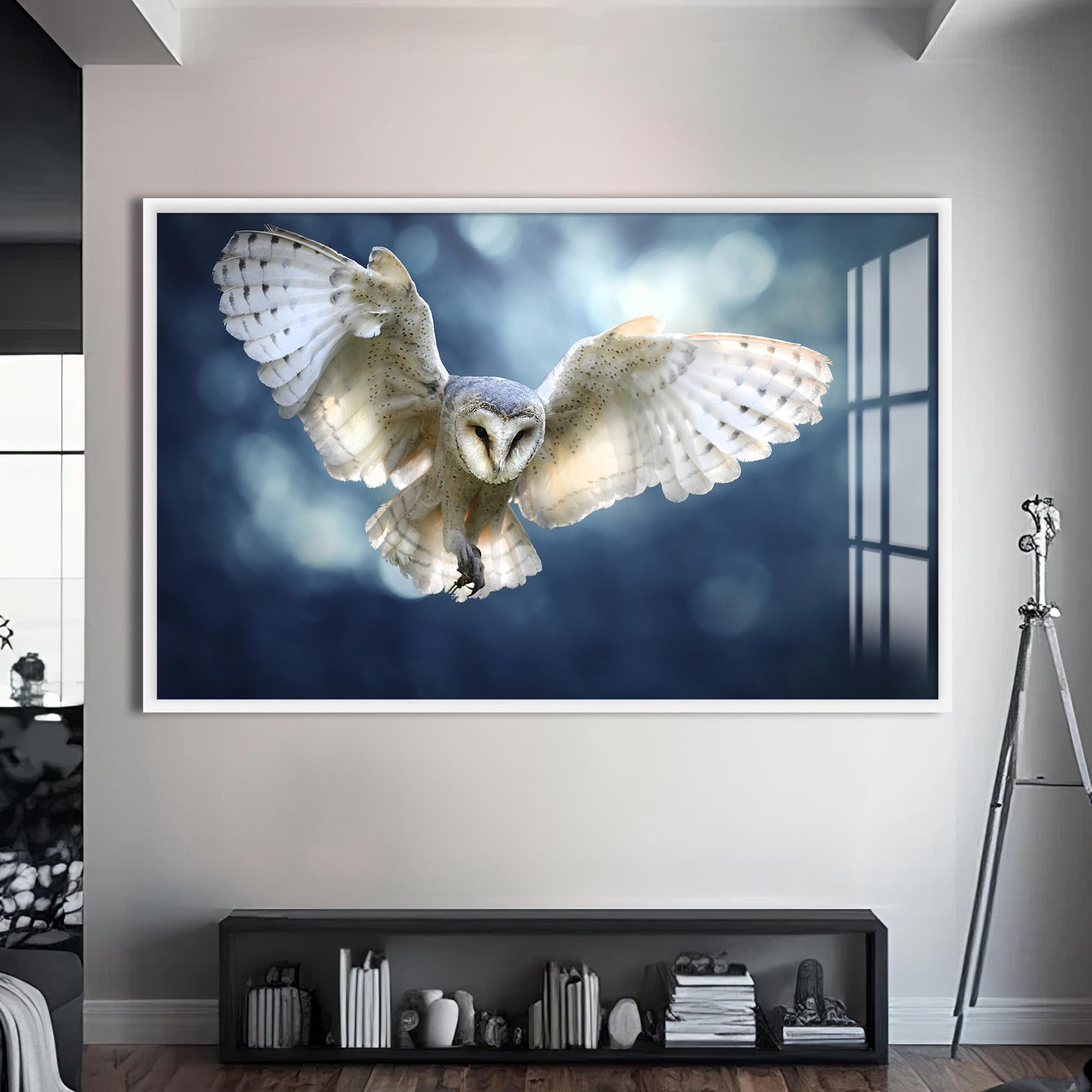 Artronauts Glass Print S | 72x46 cm | 28.3"x18.1" / White Glowing Barn Owl – Animal Tempered Glass Wall Art