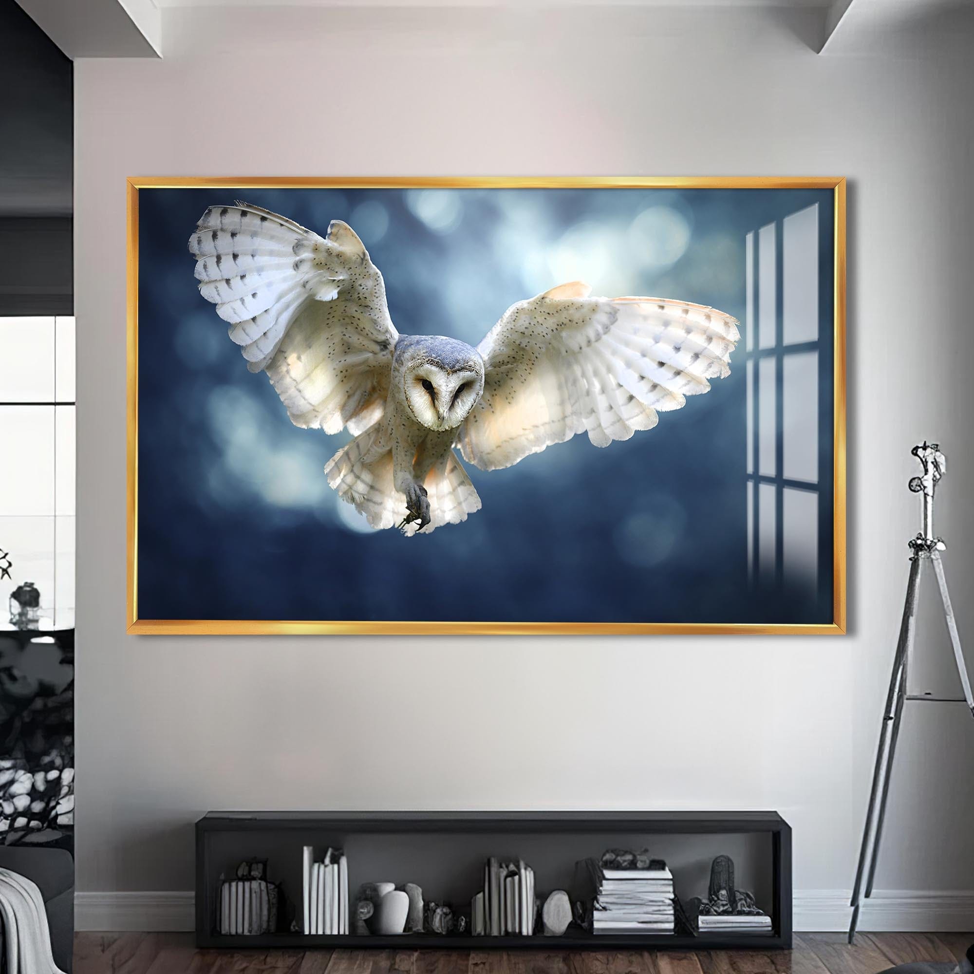 Artronauts Glass Print S | 72x46 cm | 28.3"x18.1" / Gold Glowing Barn Owl – Animal Tempered Glass Wall Art